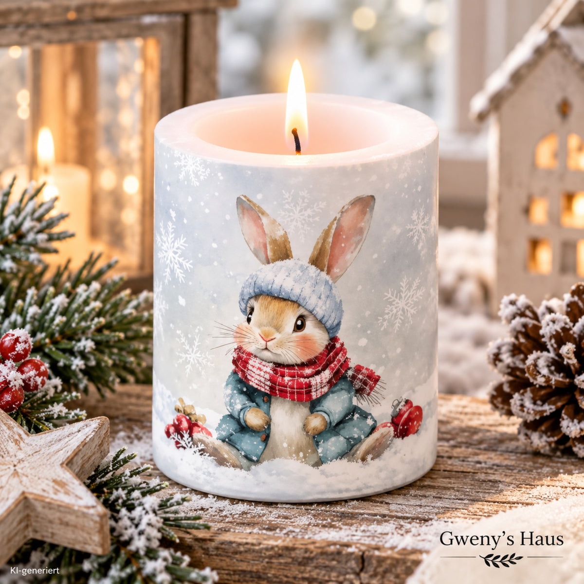 Kerze groß Bugsy Winter Hase Landhausstil