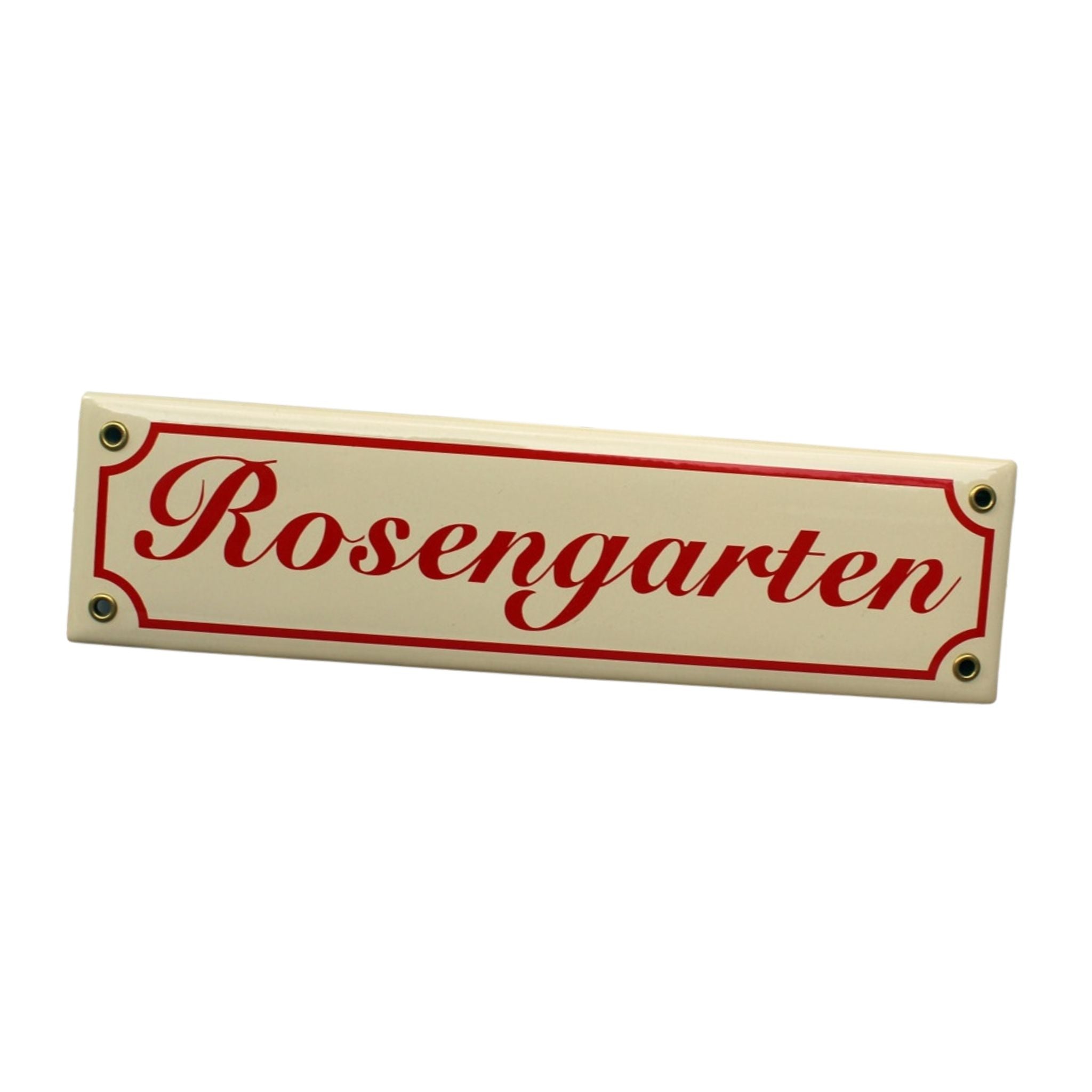Emaille Schild Rosengarten Vintage Creme-Rot 30x8 cm