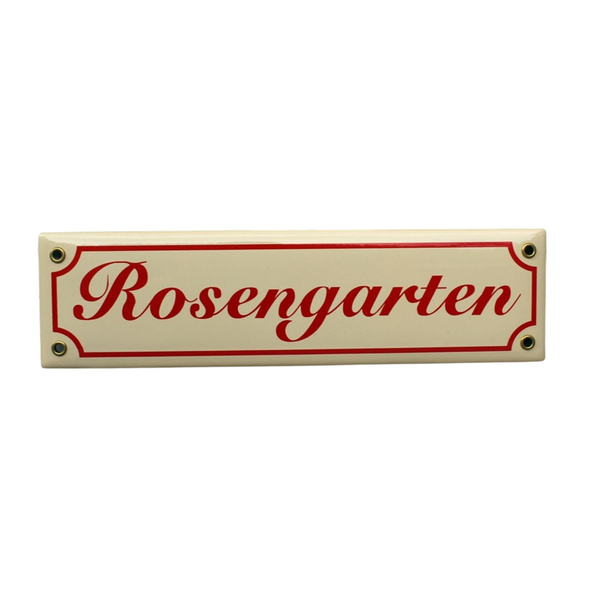 Emaille Schild Rosengarten Vintage Creme-Rot 30x8 cm