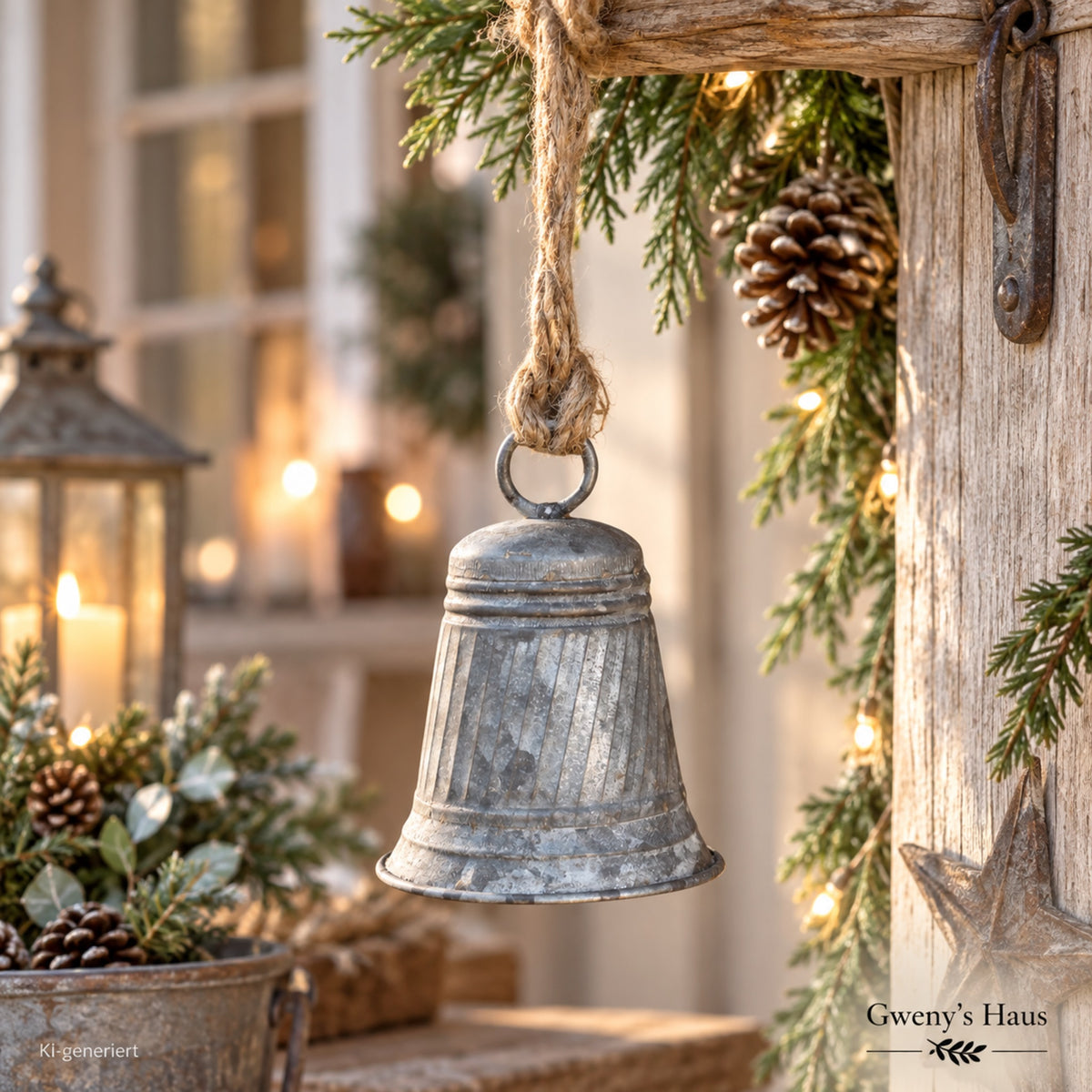 Dekorative Glocke im Vintage-Stil mit Jute-Aufhängung