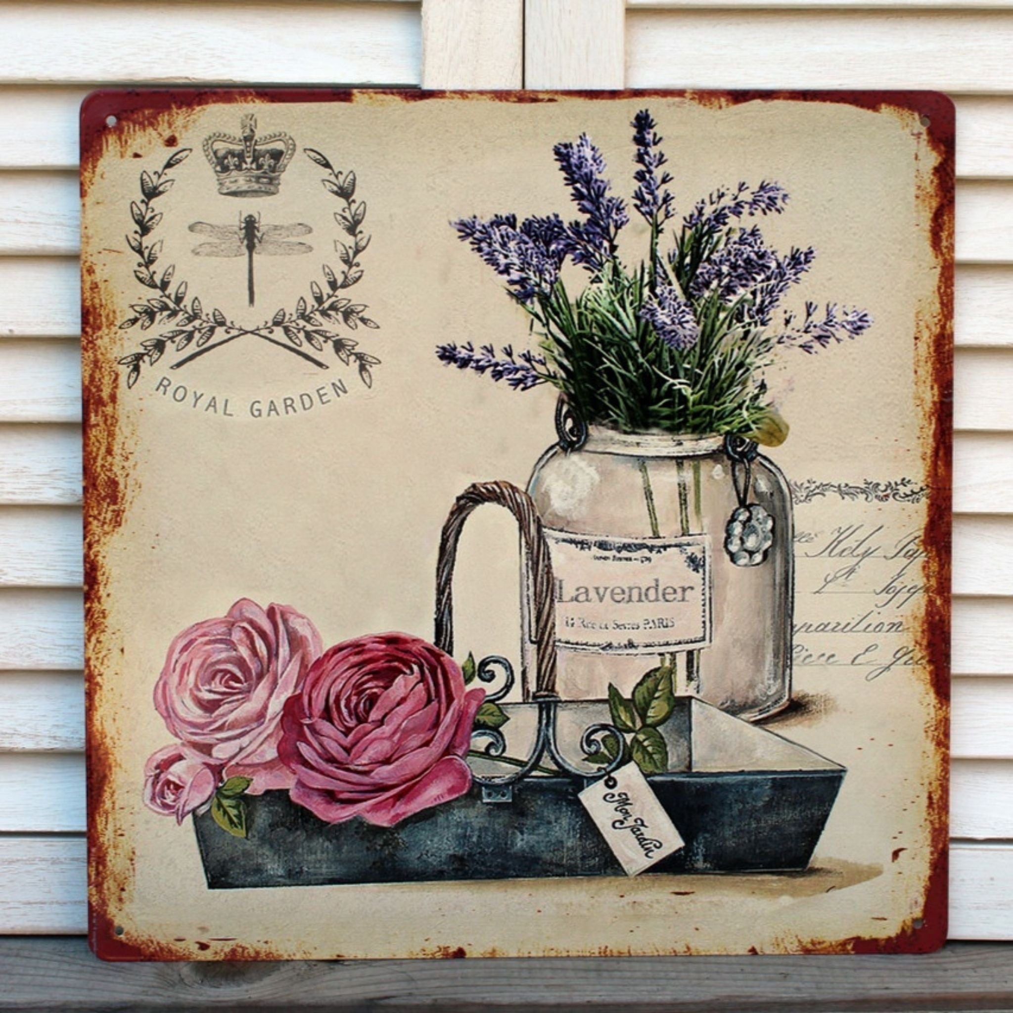 Nostalgie Blechschild Lavendel Rosen Vintage Libelle 30x30cm