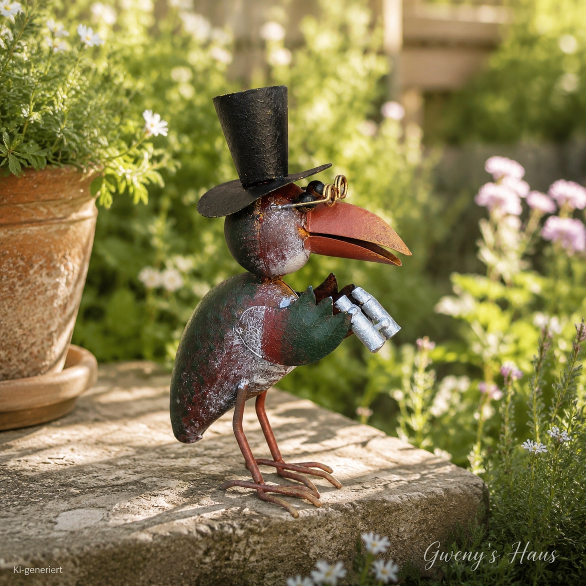 Rabe Gartenfigur mit Fernglas Metallfigur 24cm