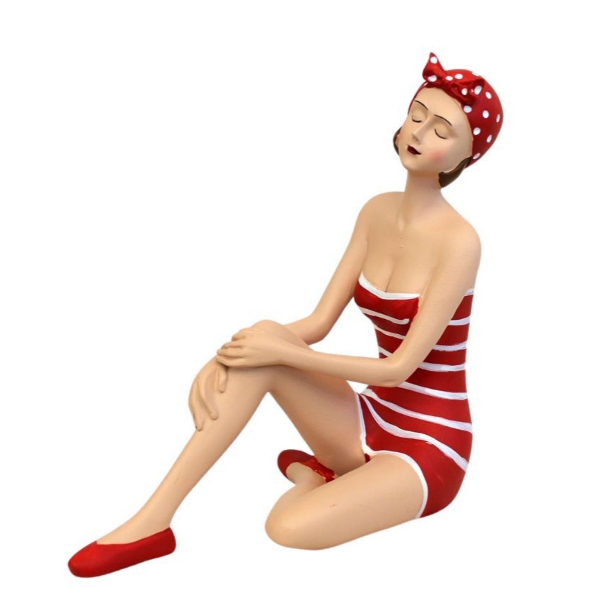 Badefrau Dekofigur sitzend Retro-Stil Rot-Weiß gestreift 17,5 cm