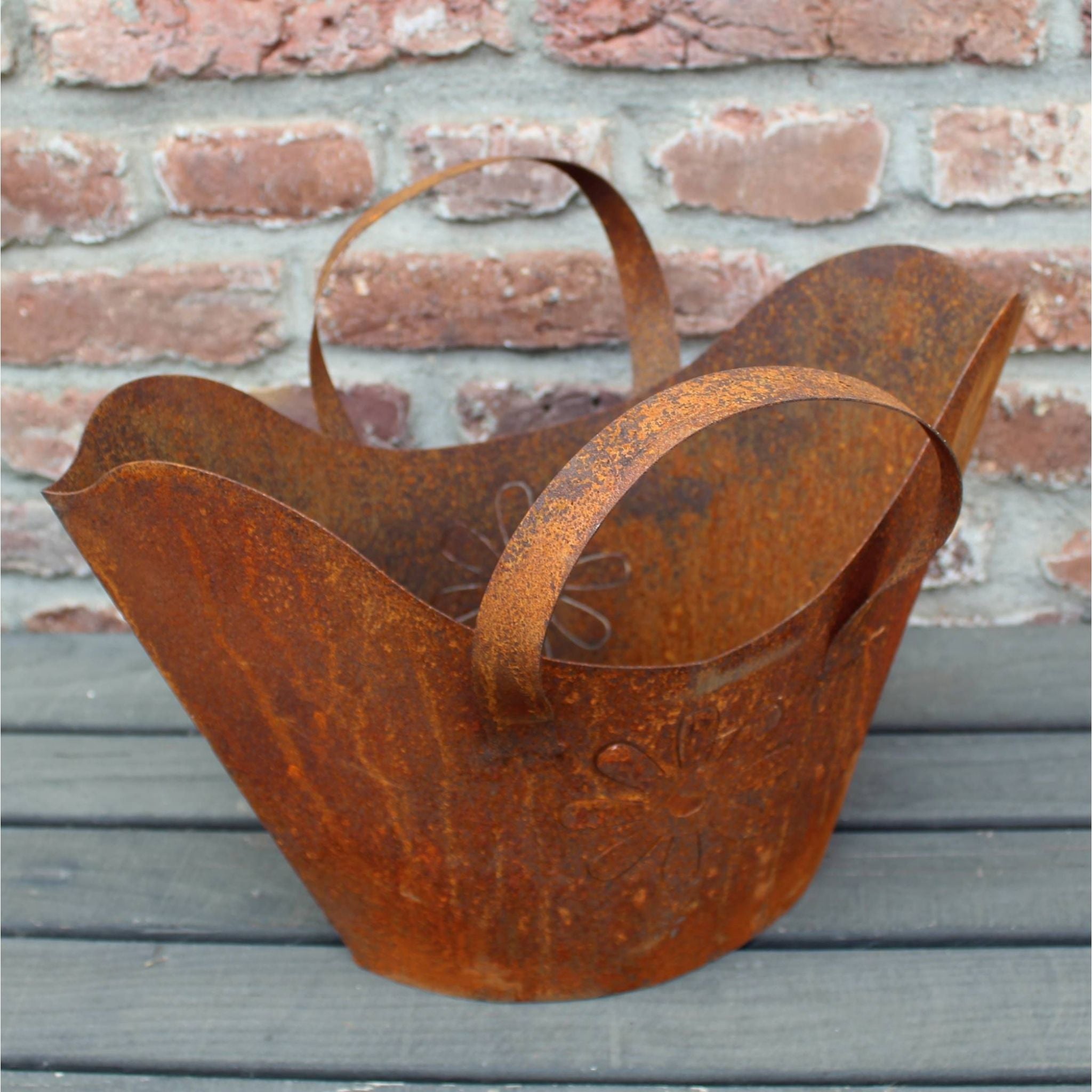 Rost Pflanztasche Dekokorb mit Blüten 42 cm