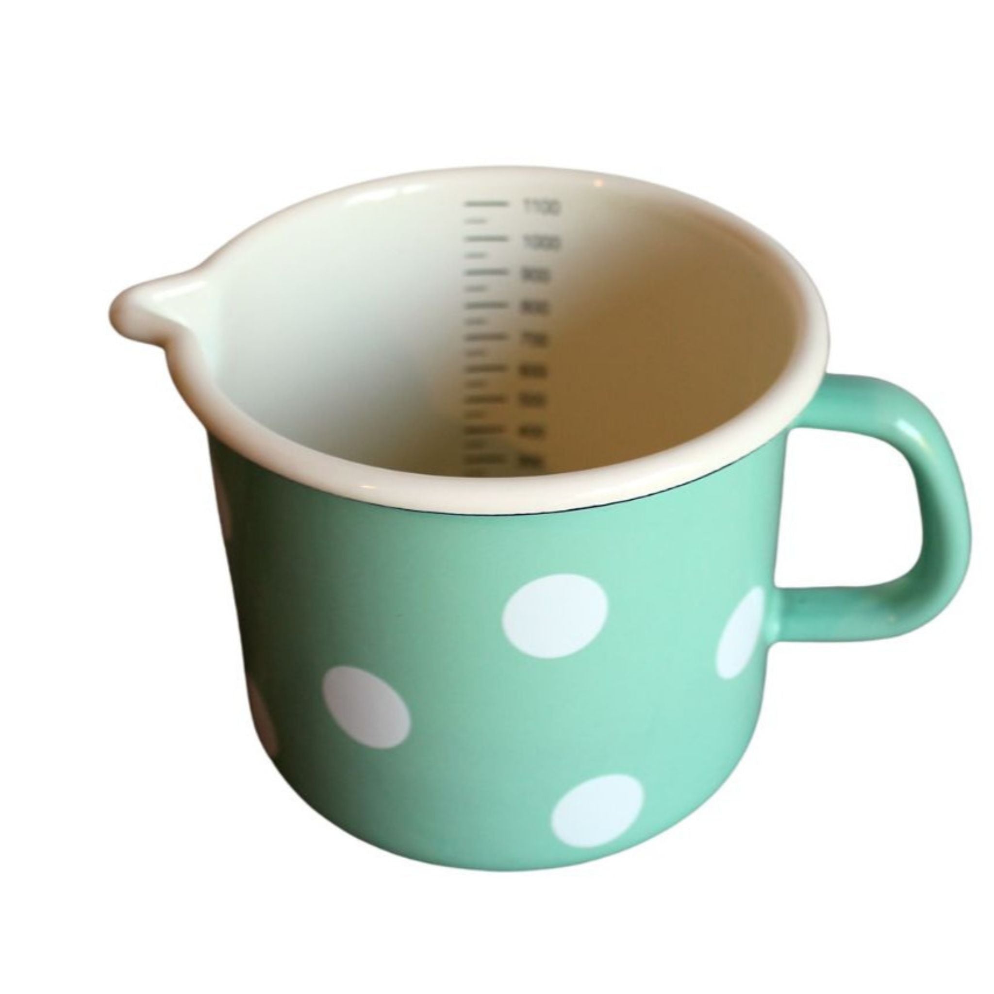 Emaille Milchtopf Mint Weiß gepunktet 1L mit Skala