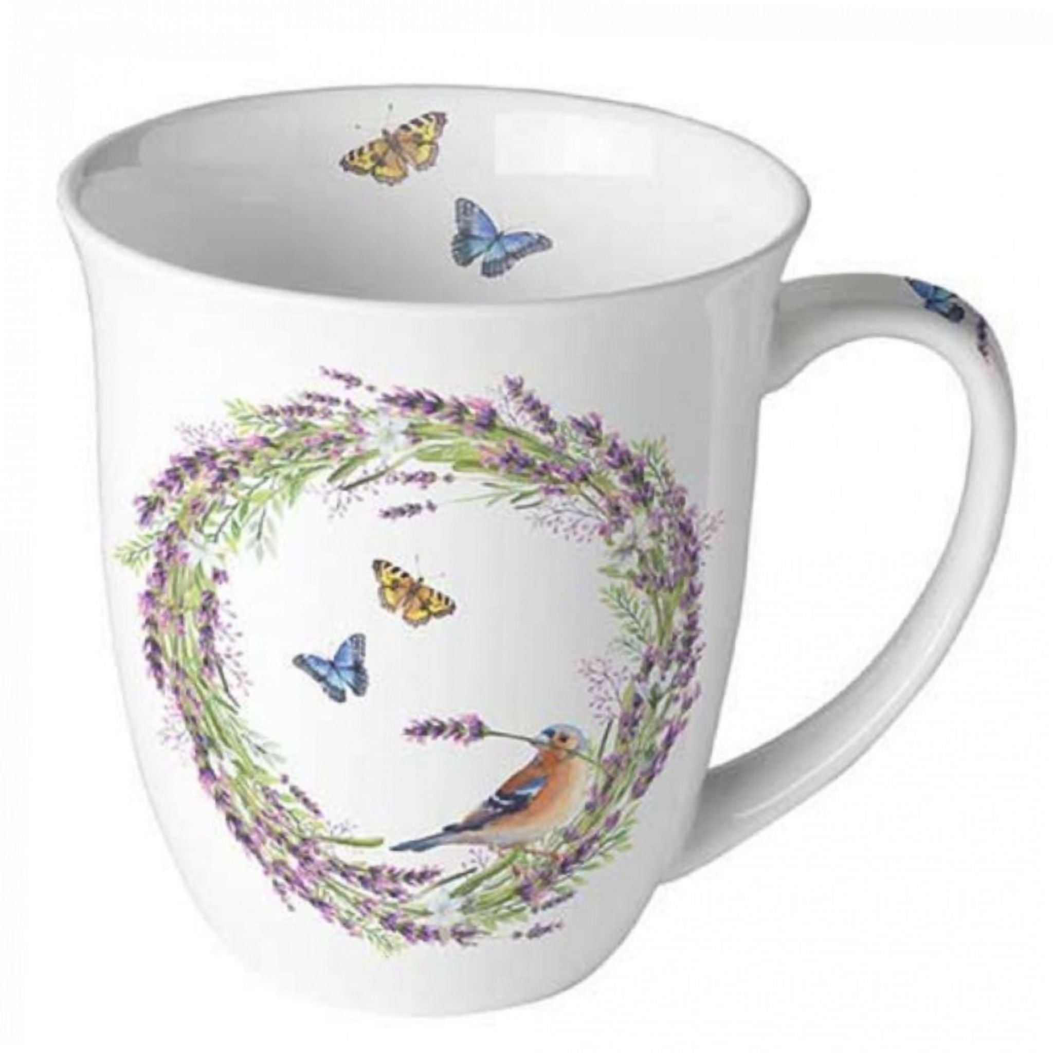 Porzellan Tasse Buchfink im Lavendelkranz 0,4L