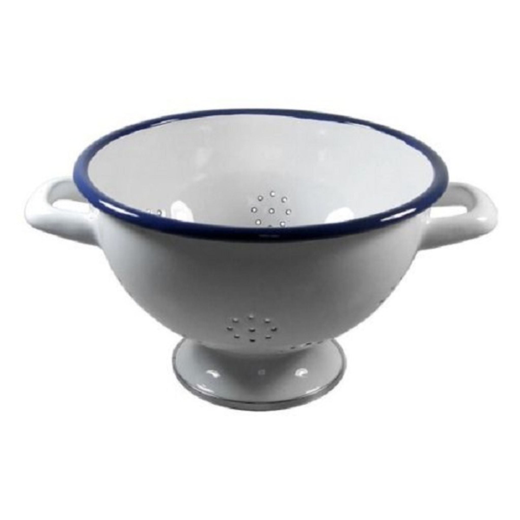 Nostalgischer Emaille Seiher in Weiß mit blauem Rand 21 cm