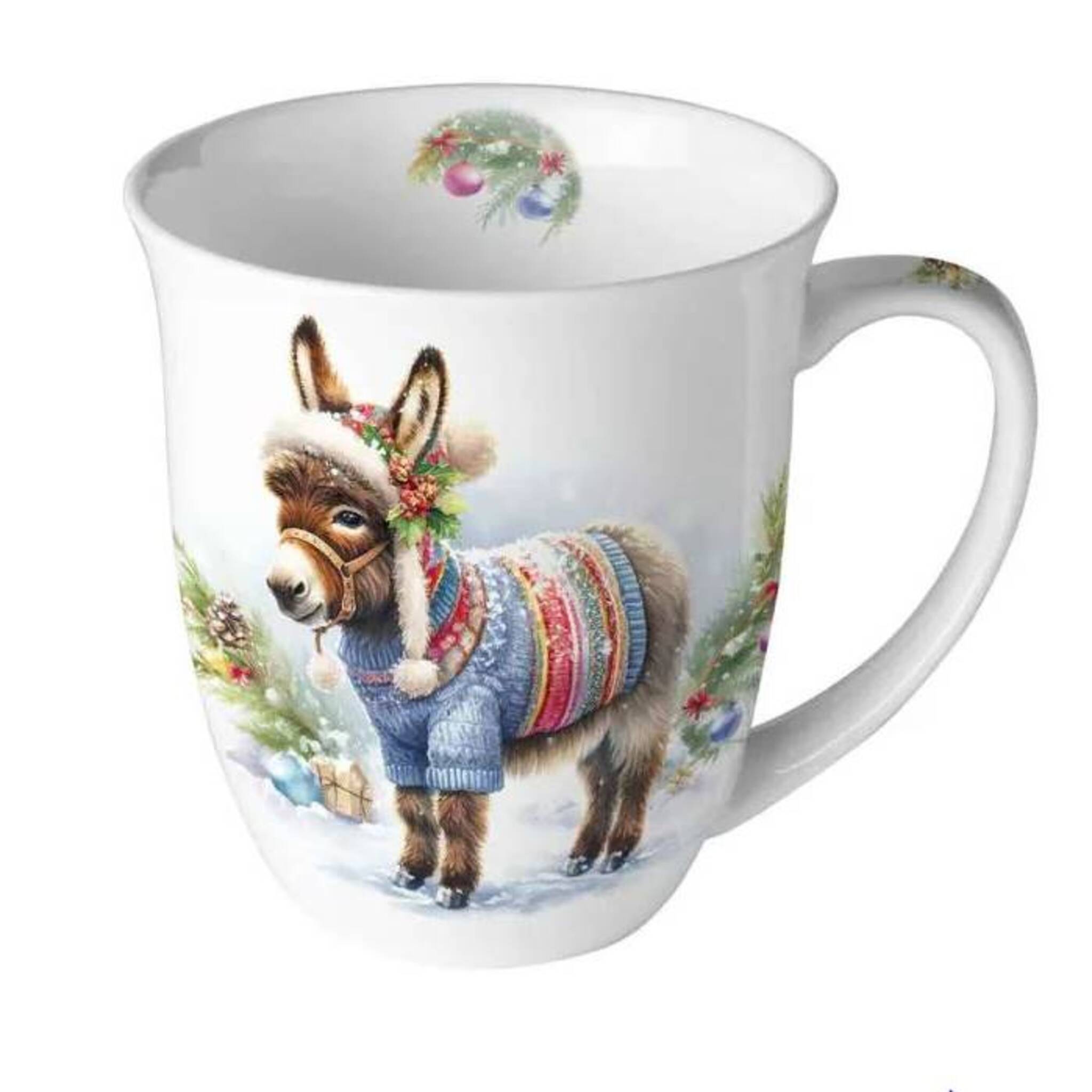 Porzellan Tasse Esel im Weihnachts Pulli Landhausstil 0,4 L