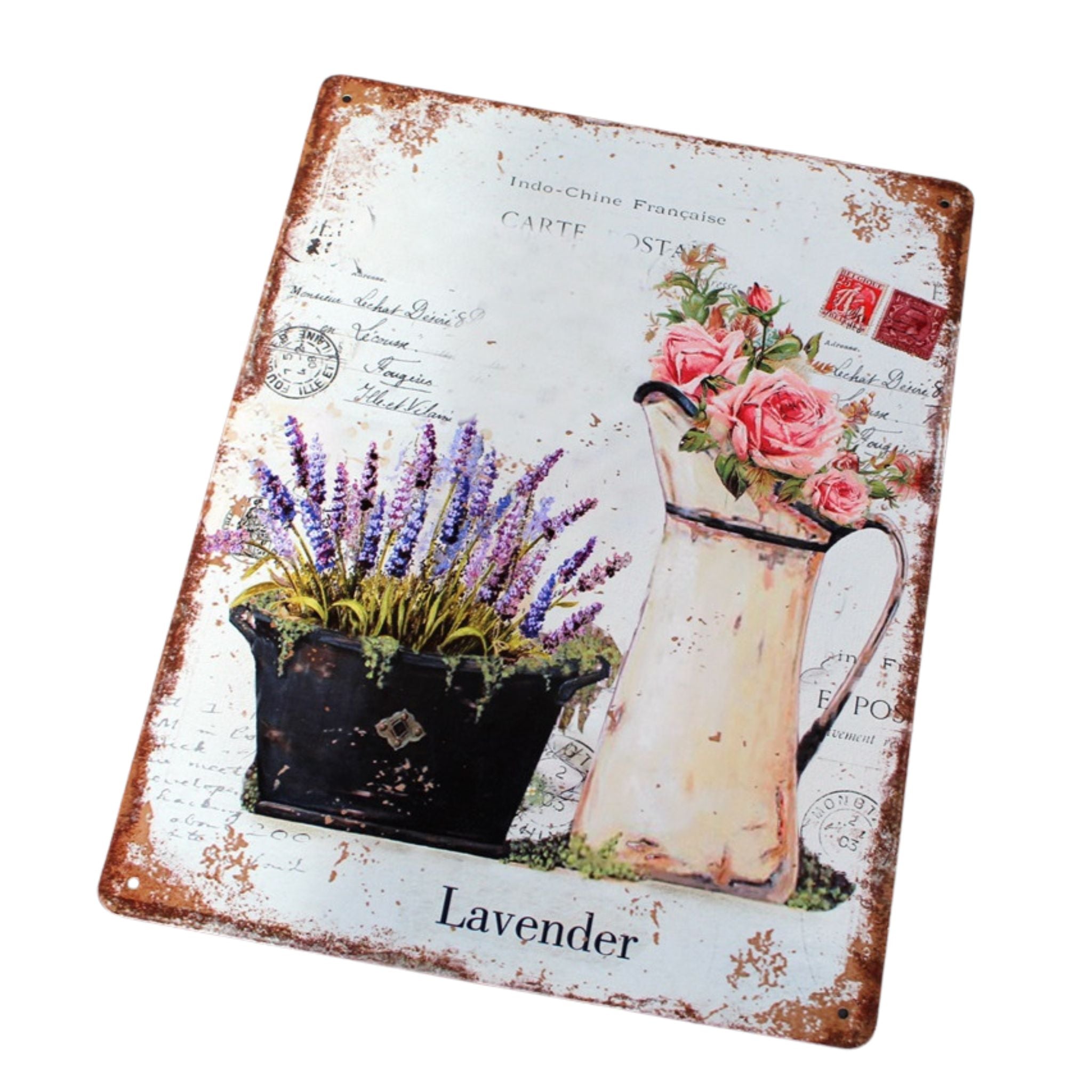 Shabby Blechschild Kanne Rosen Lavendel 33x25cm