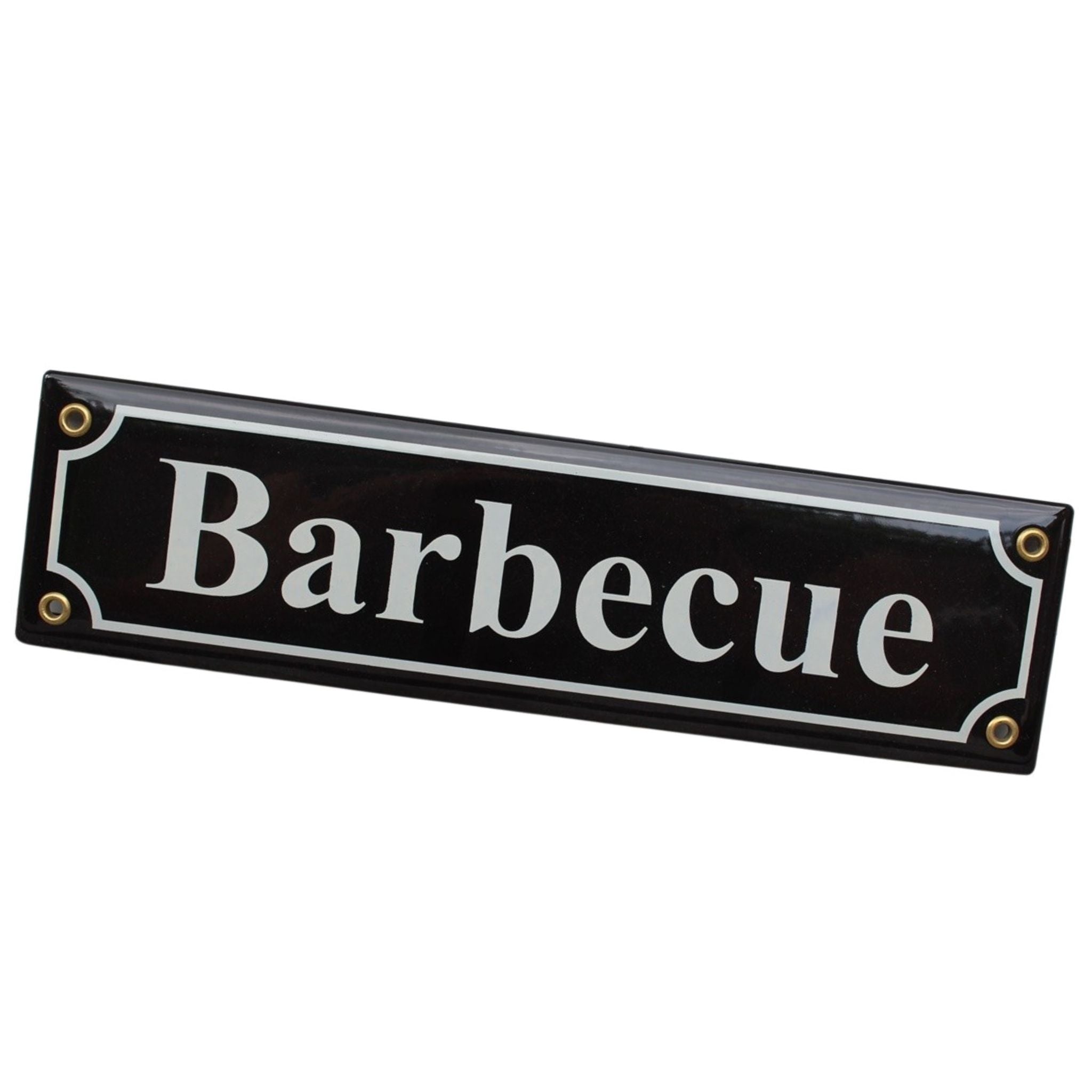 Emaille Schild Barbecue Schwarz Weiß im Nostalgie-Stil 30x8cm