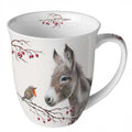Tasse Esel und Rotkehlchen Teetasse Kaffeetasse Porzellan Tischdeko Hagebutten