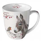 Tasse Esel und Rotkehlchen Teetasse Kaffeetasse Porzellan Tischdeko Hagebutten