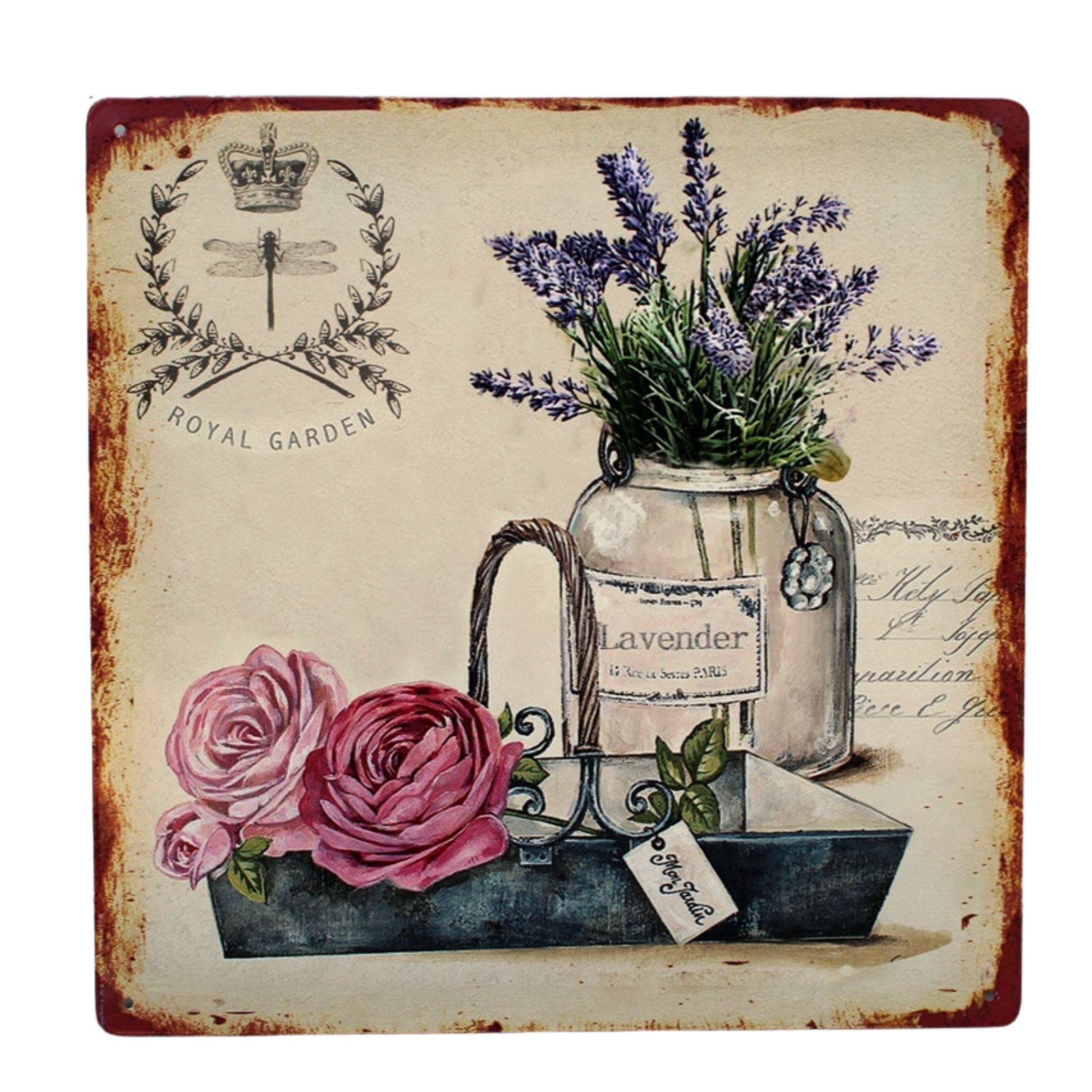 Nostalgie Blechschild Lavendel Rosen Vintage Libelle 30x30cm