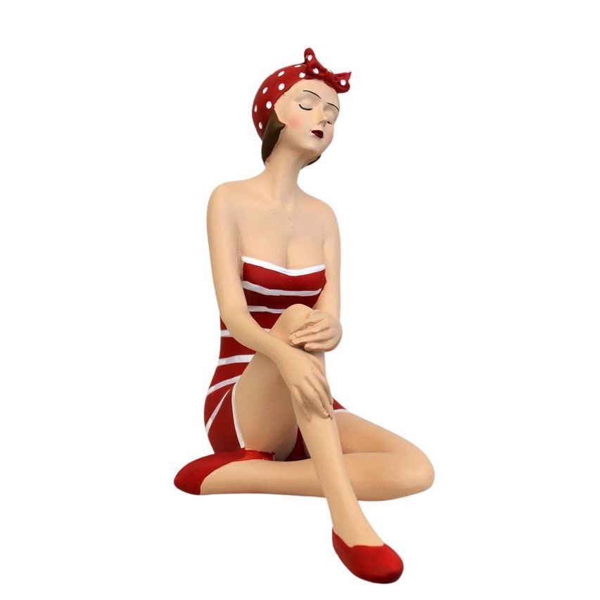 Badefrau Dekofigur sitzend Retro-Stil Rot-Weiß gestreift 17,5 cm