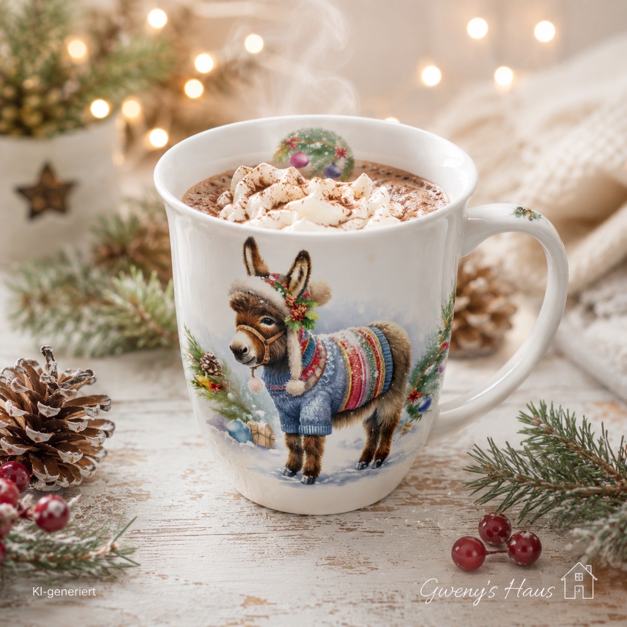 Porzellan Tasse Esel im Weihnachts Pulli Landhausstil 0,4 L