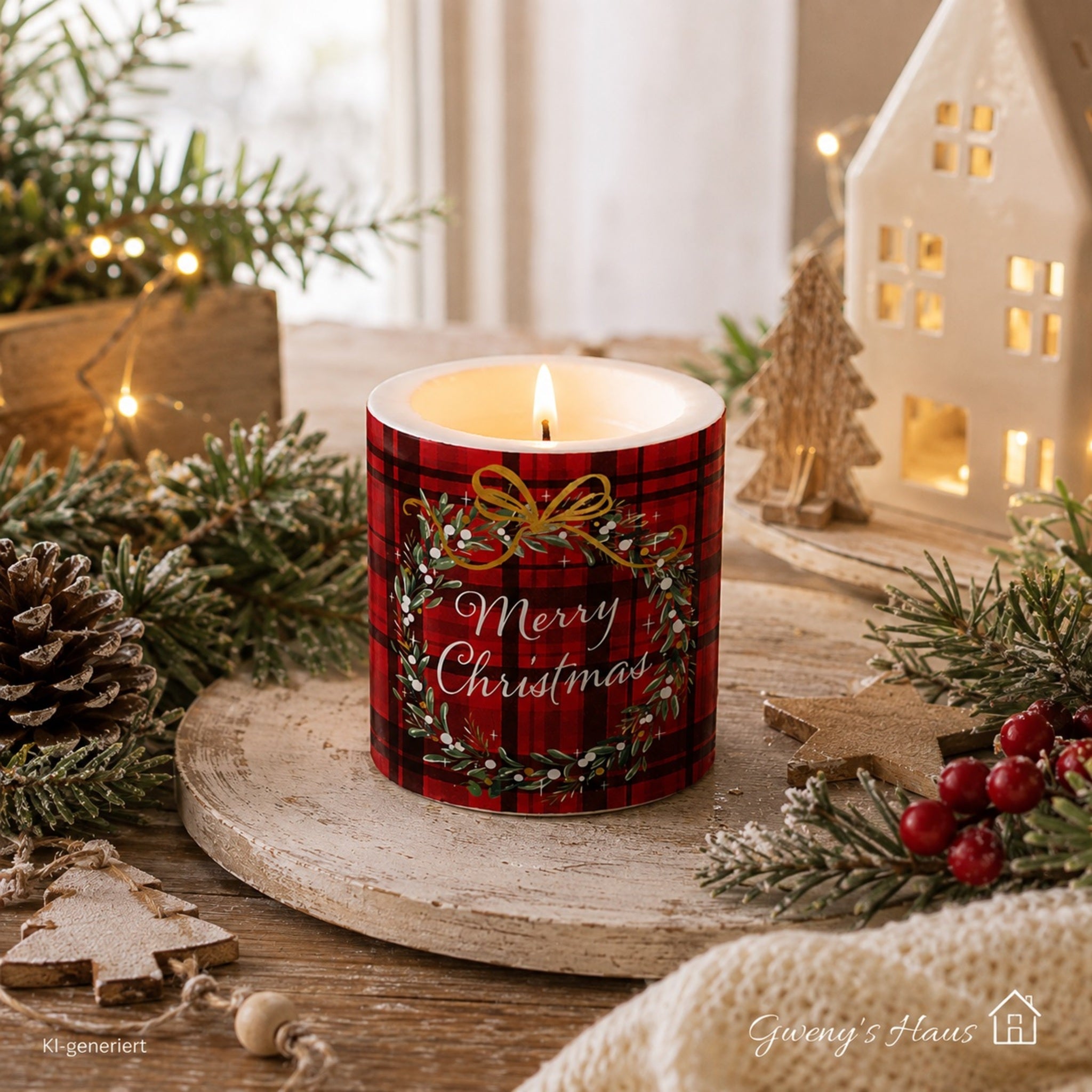Kerze Weihnachts Plaid rot H9cm
