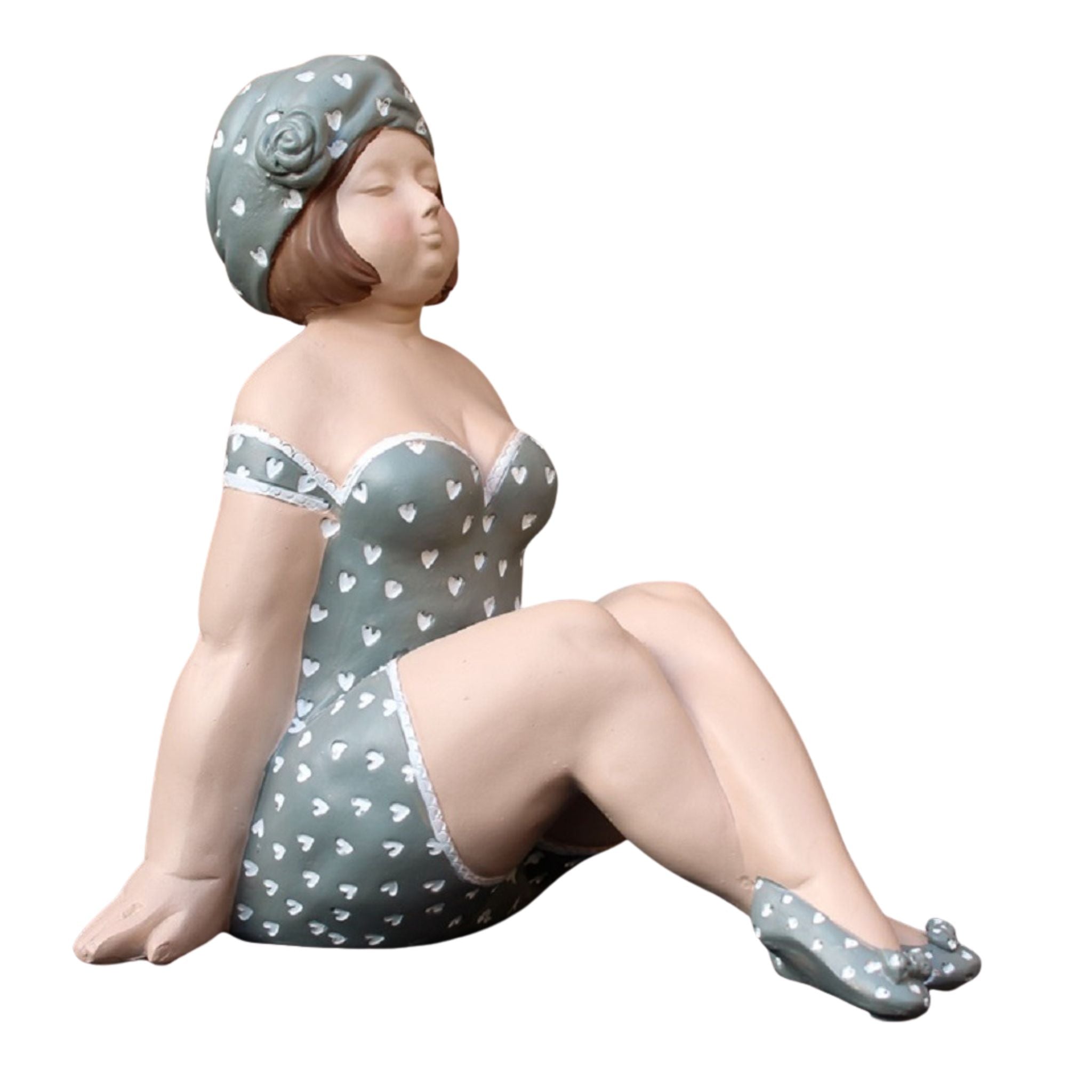 Badefrau Dekofigur sitzend mollig – Retro-Stil Grau 20 cm Herzen