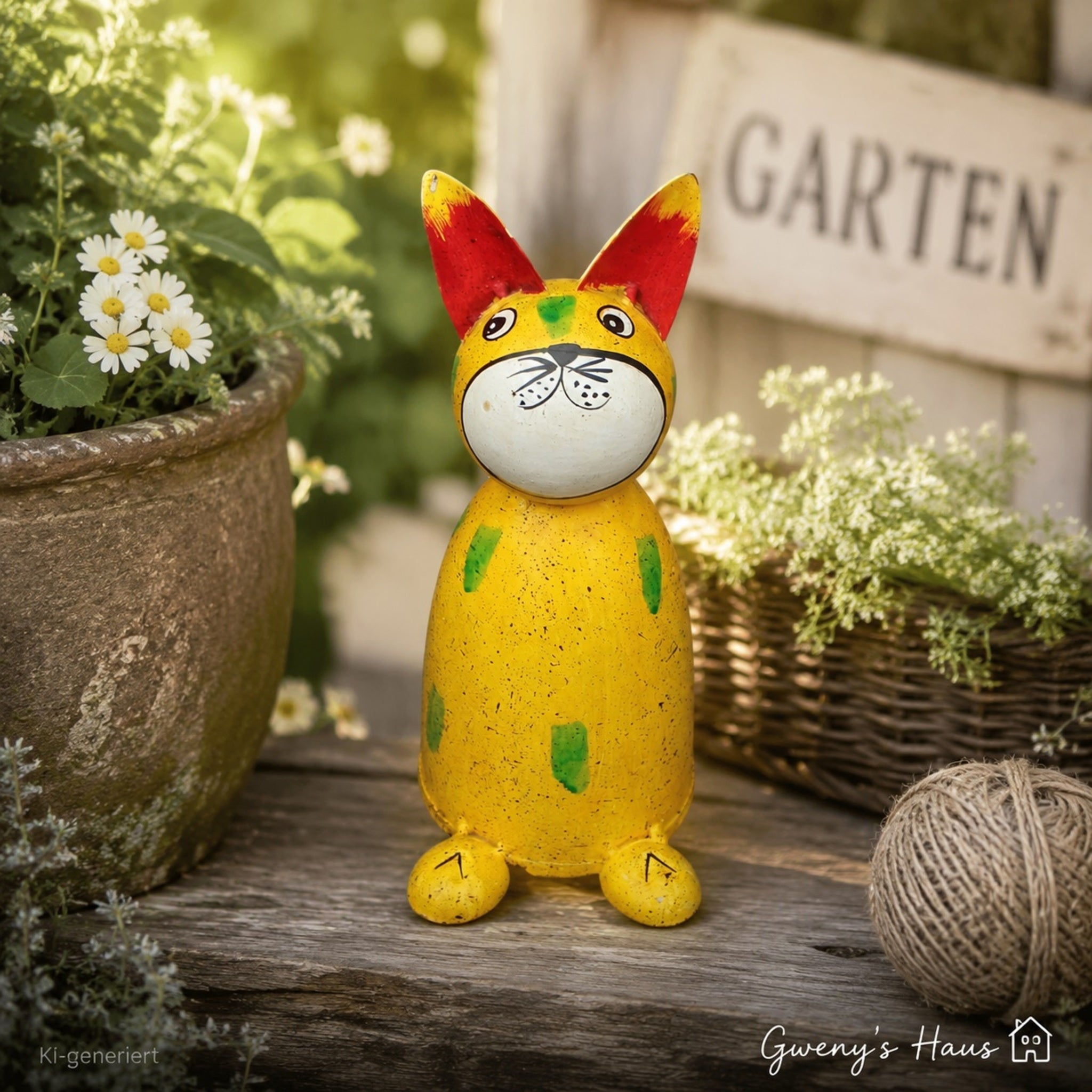 Zaunhocker Gartenfigur Katze gelb Landhausstil 21,5 cm