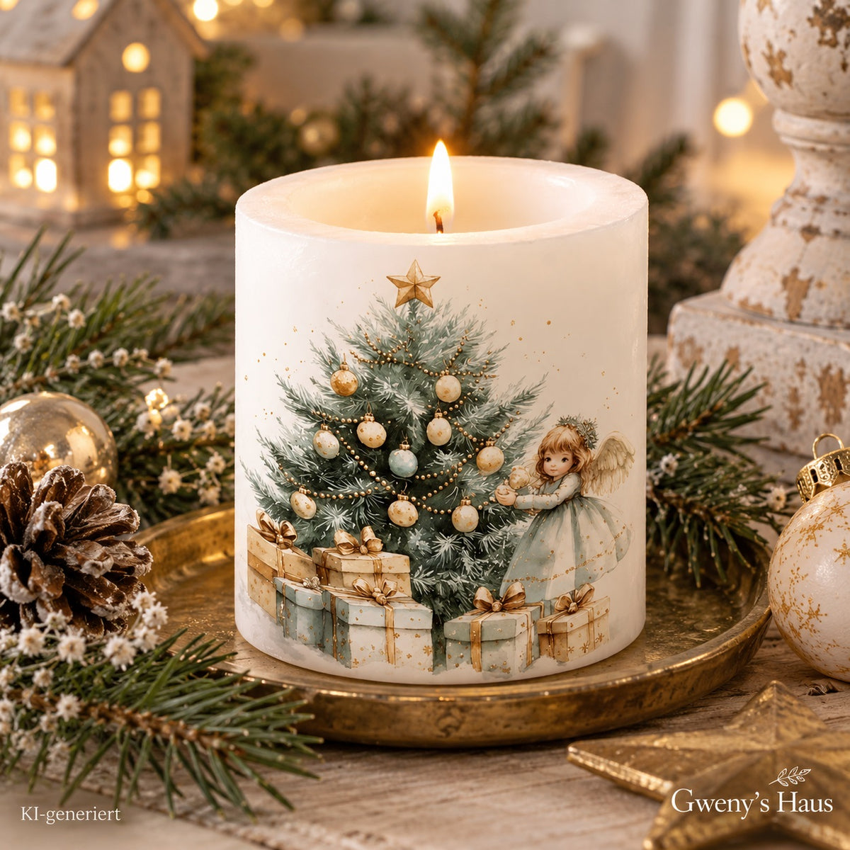 Kerze groß Weihnachtsengel mit Christbaum 10 cm