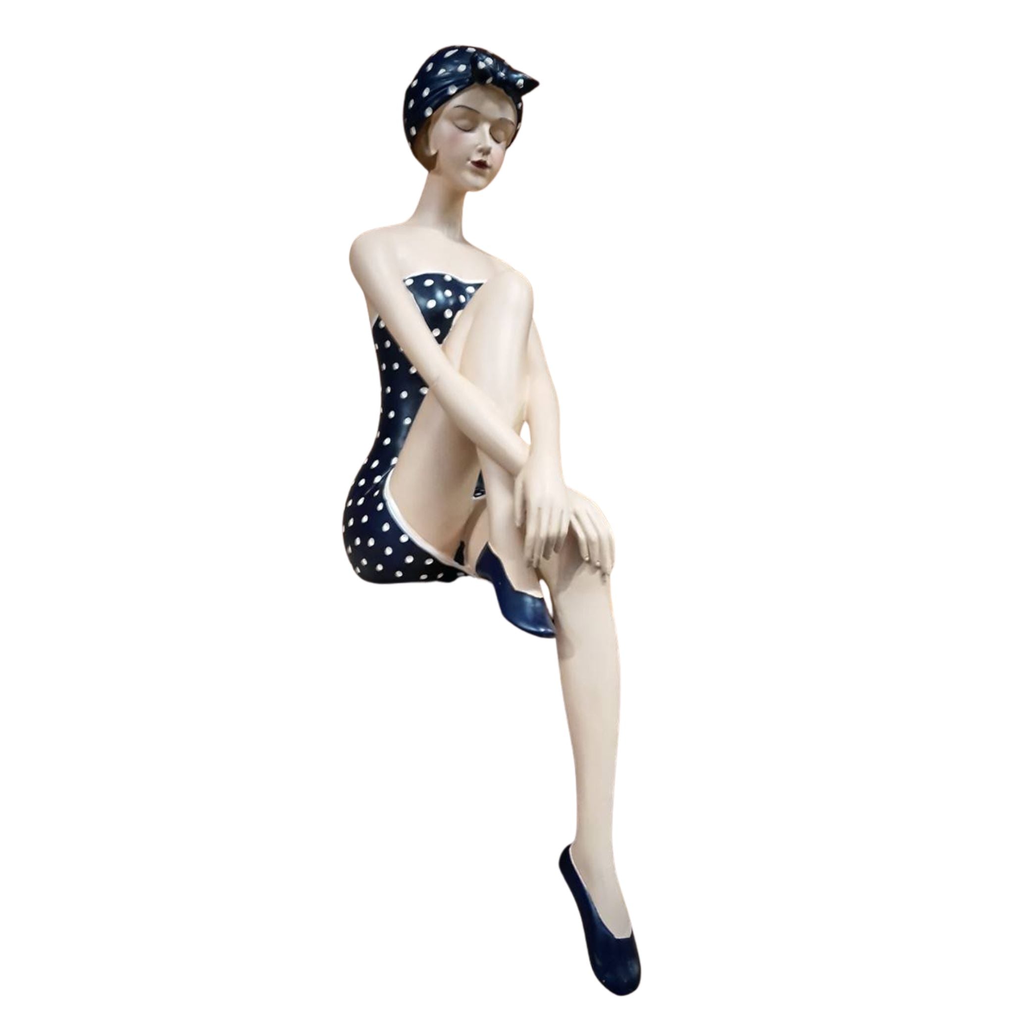 Badefrau Dekofigur Kantenhocker Retro-Look Marineblau/Weiß 44 cm