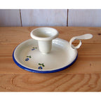 Emaille Kerzenhalter Weiß Blau mit Blumen 13 cm