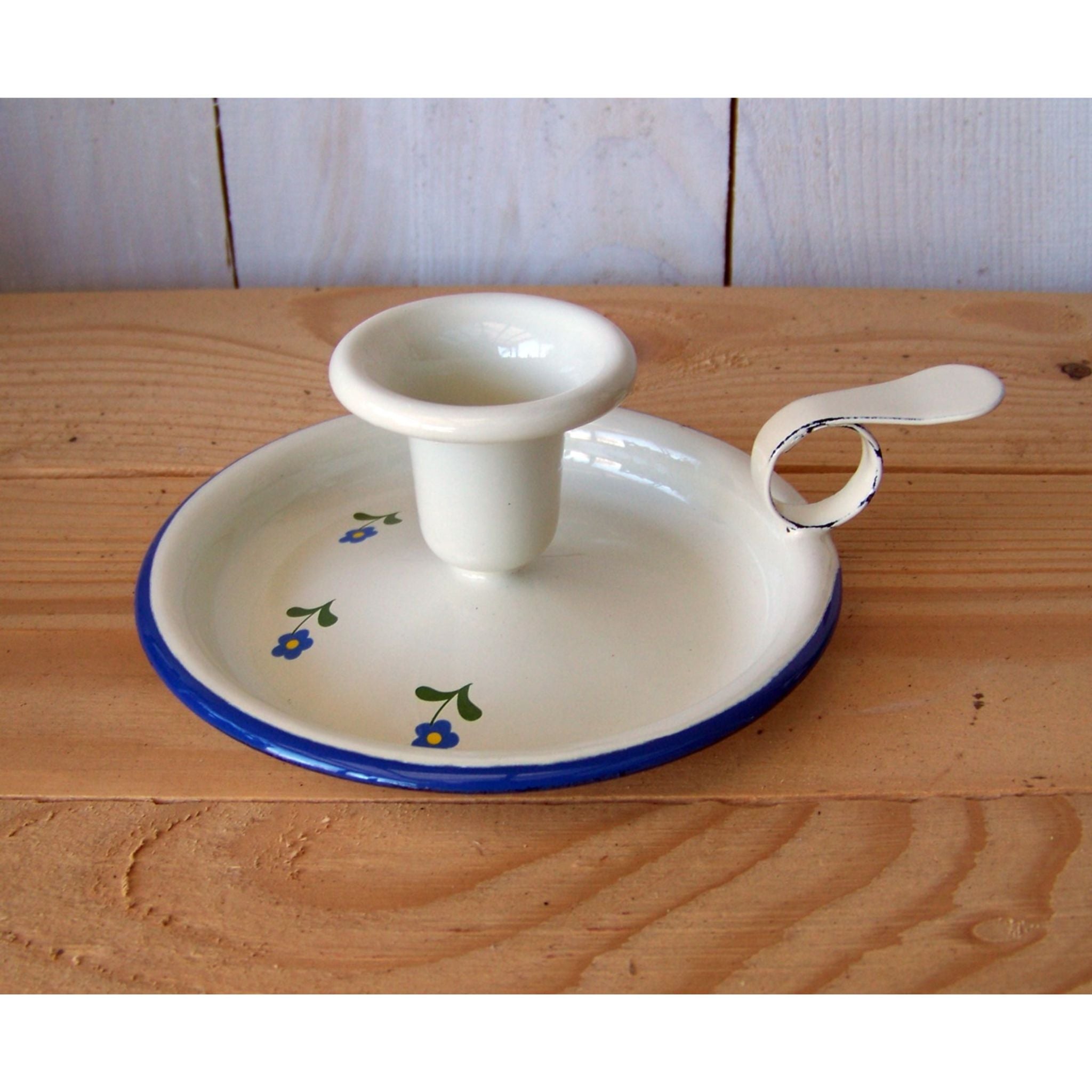 Emaille Kerzenhalter Weiß Blau mit Blumen 13 cm