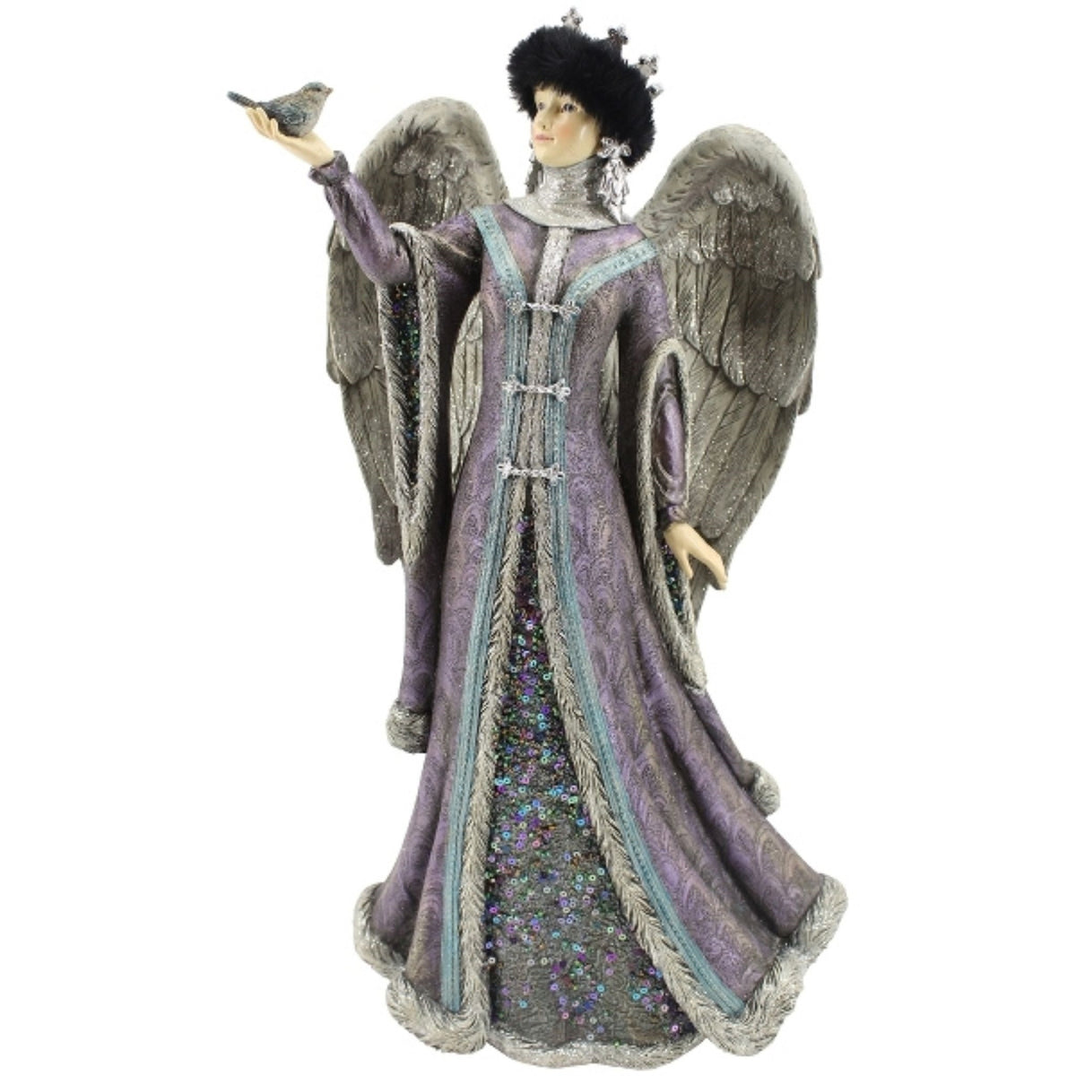 Engelfigur Winterengel mit Vogel Polyresin 42 cm