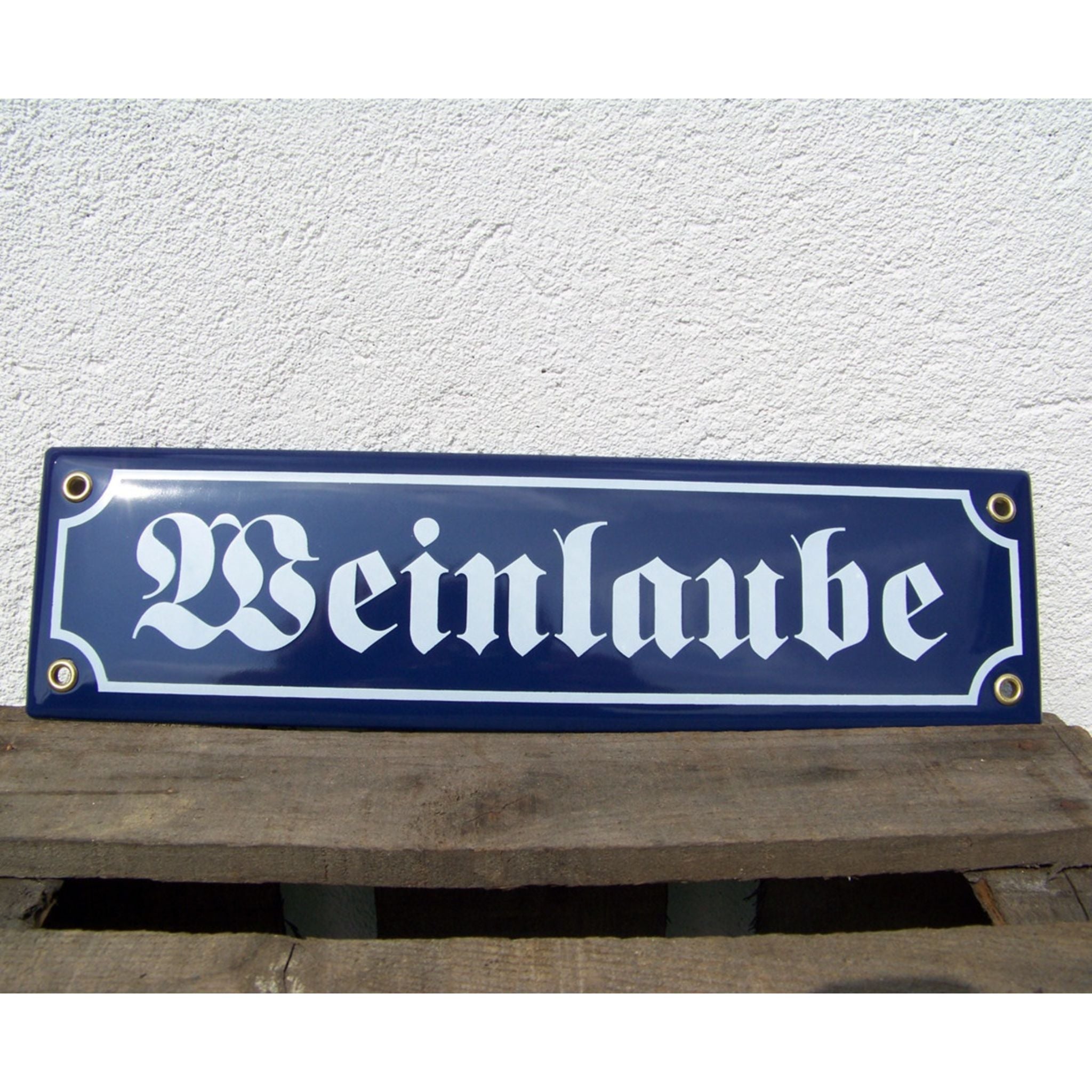 Emaille-Schild Weinlaube Blau Weiß 8x30cm