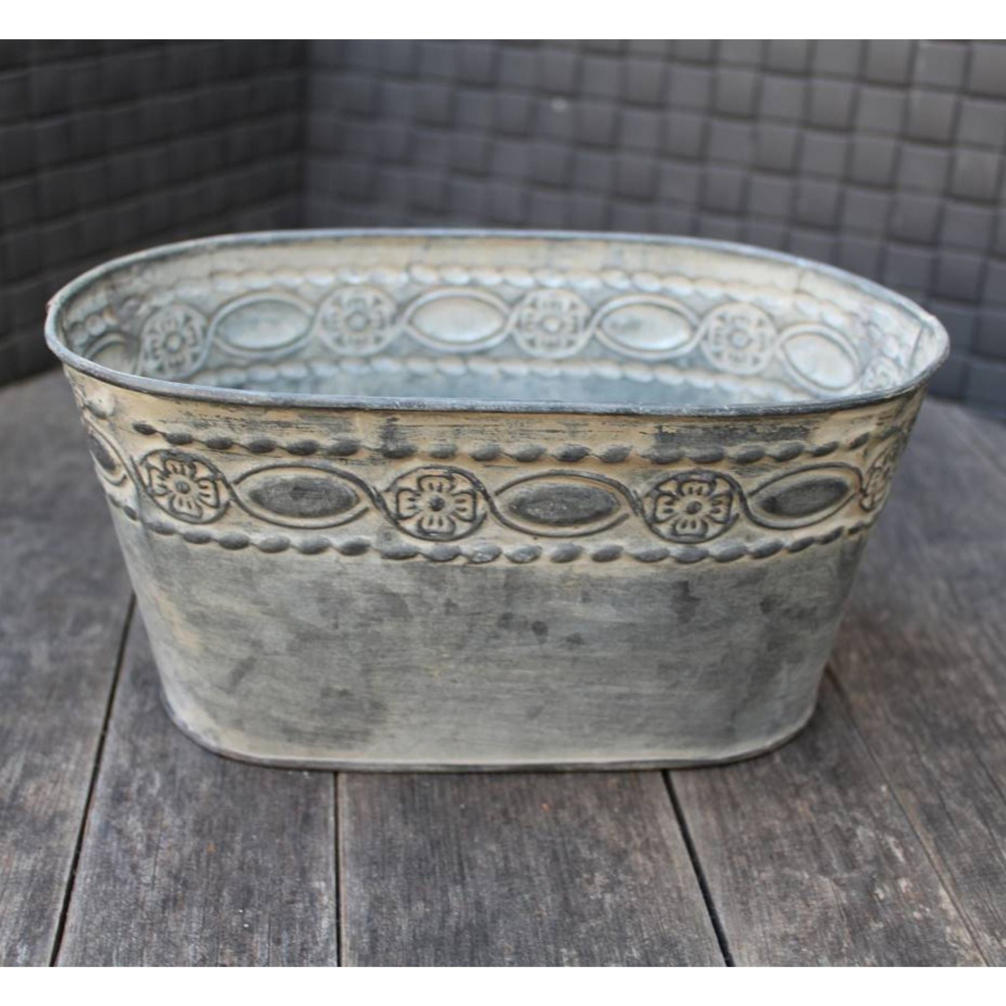 Zink Pflanzschale oval Ornament Relief Vintage 22cm