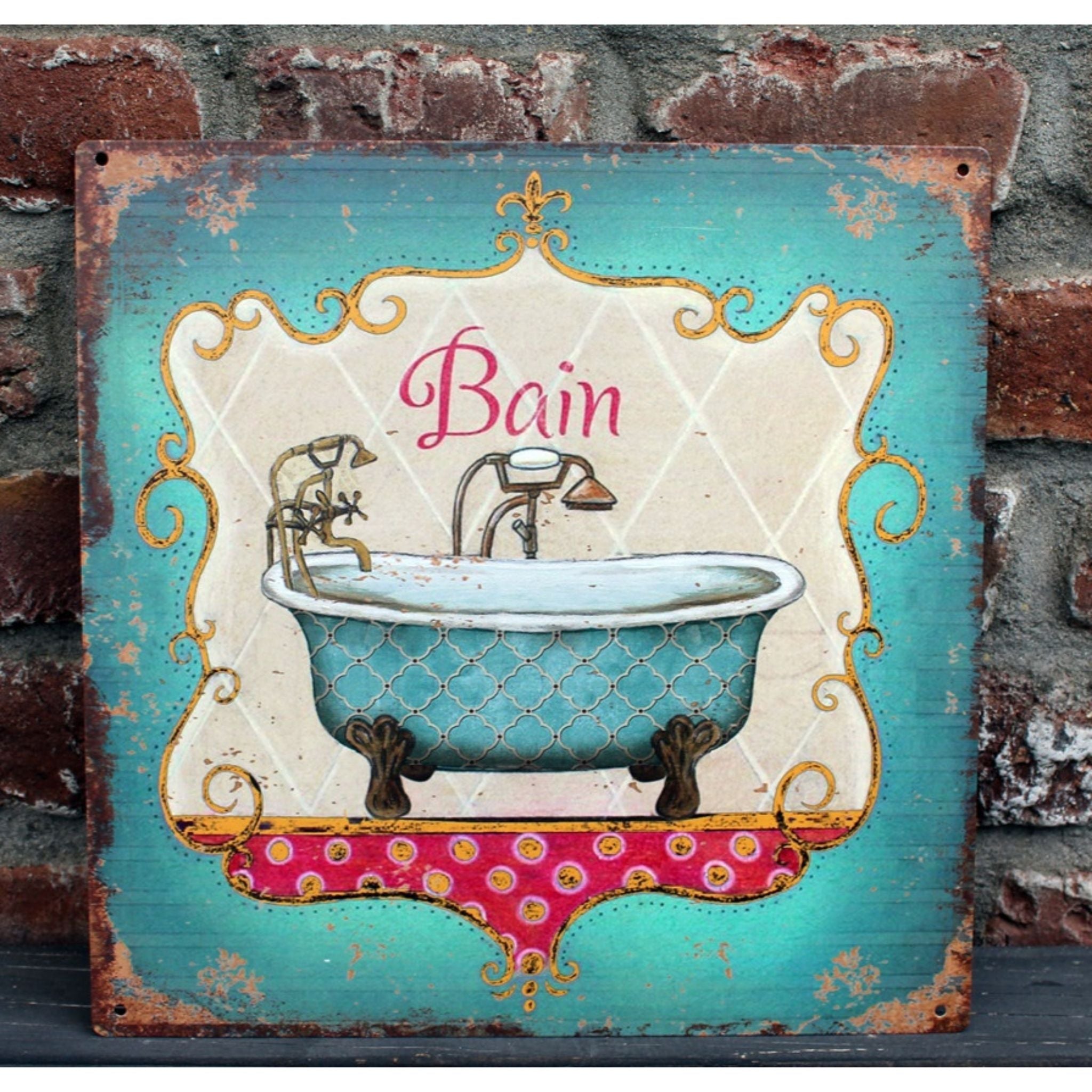 Shabby Blechschild Bain Bad 30 x 30 cm
