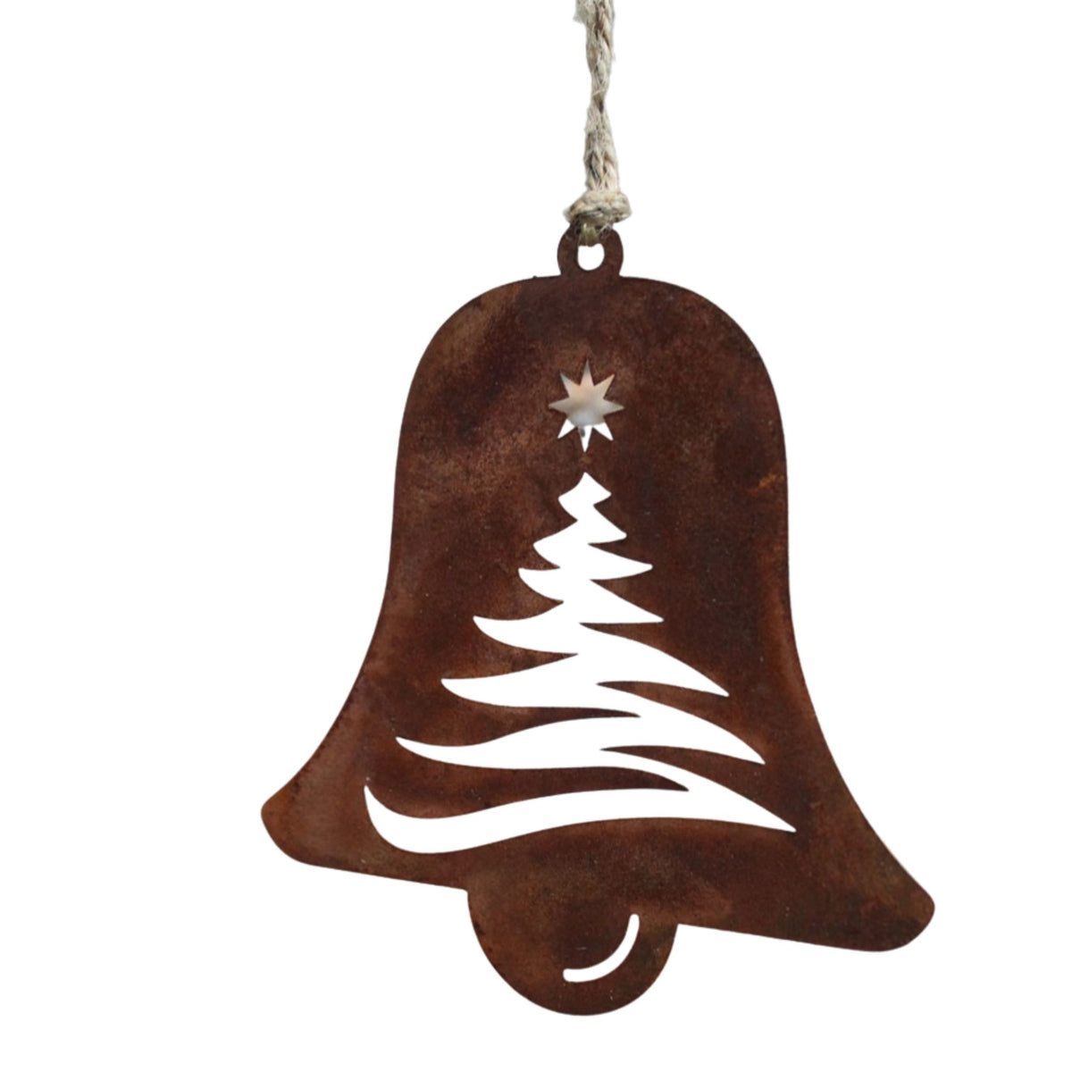 Christbaumschmuck Glocke aus Edelrost mit Tannenbaum 12,5 cm