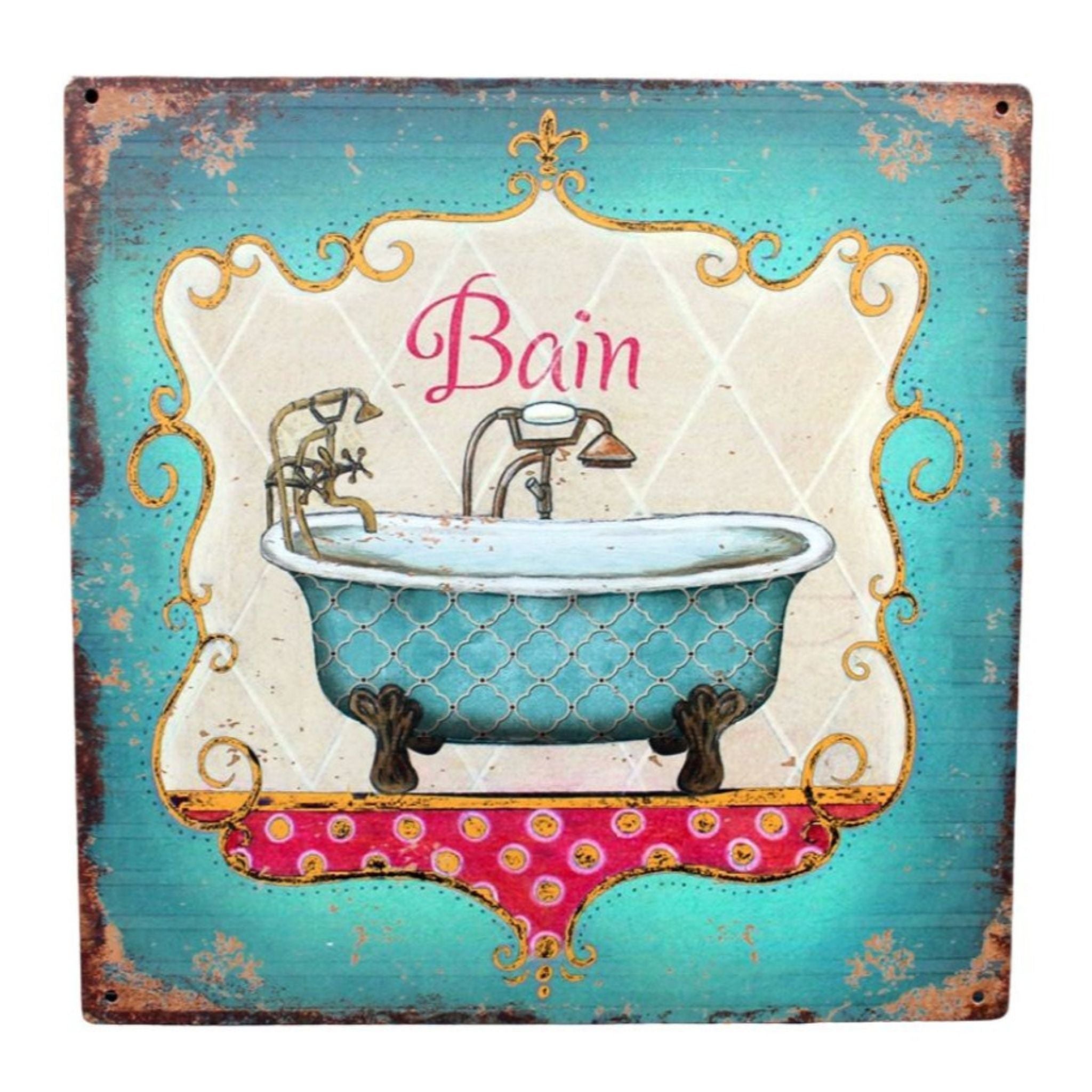 Shabby Blechschild Bain Bad 30 x 30 cm