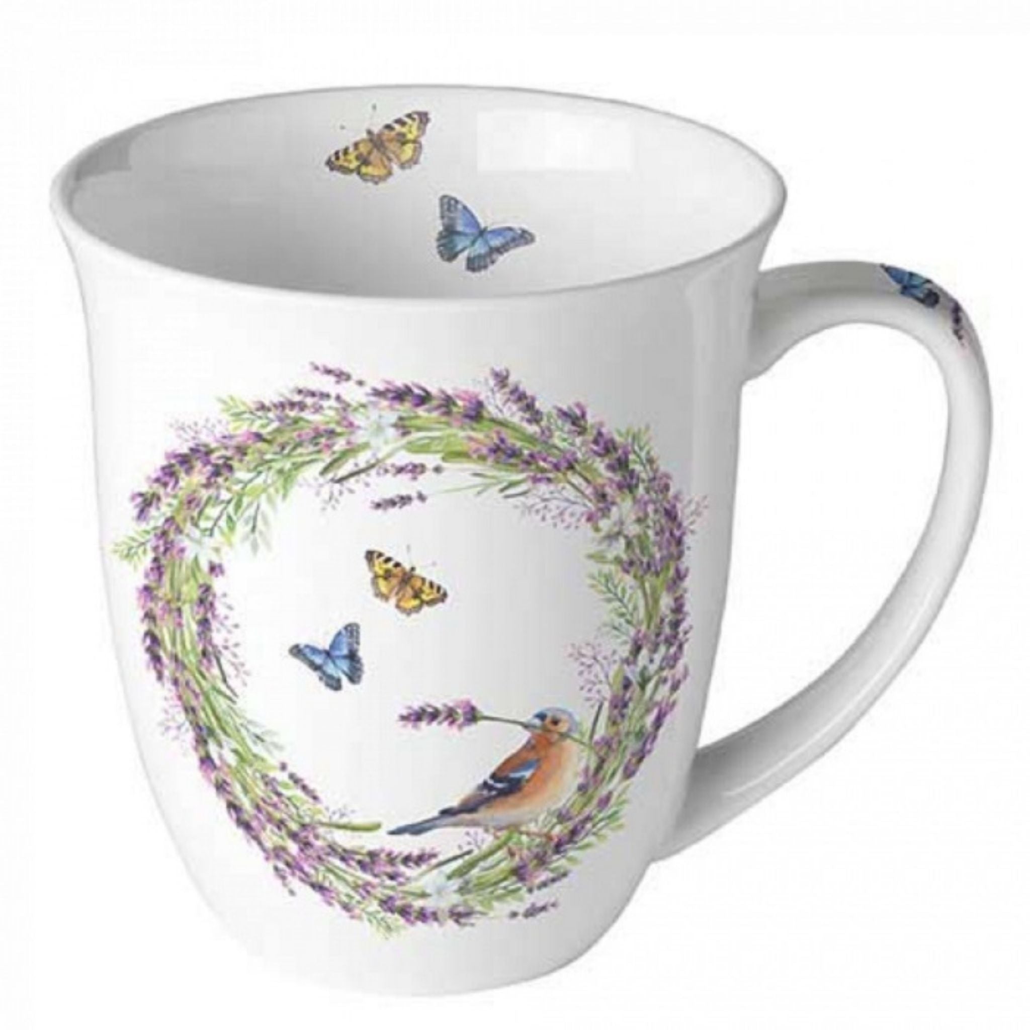 Porzellan Tasse Buchfink im Lavendelkranz 0,4L