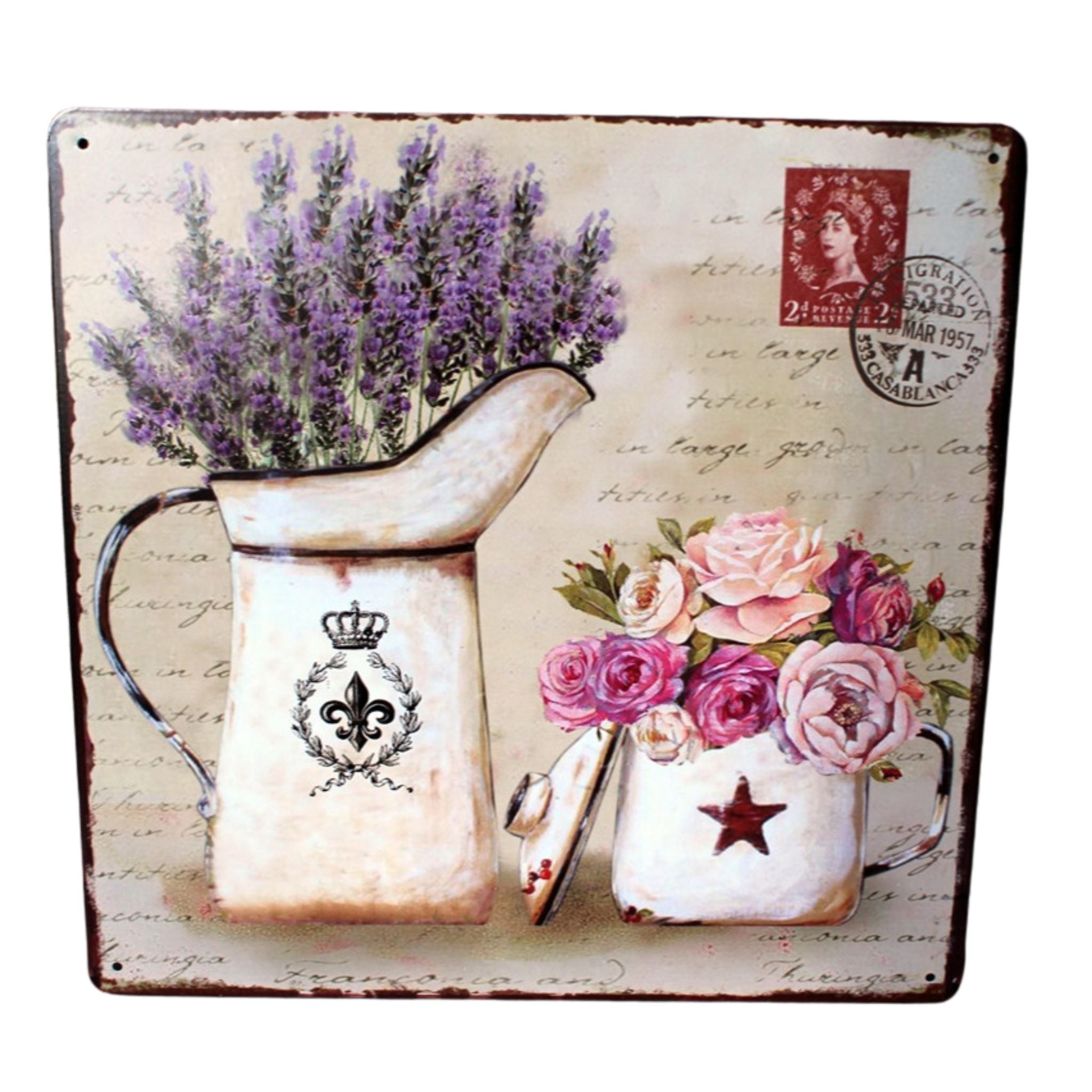 Shabby Blechschild Blumen Kannen Rosen Lavendel 30x30cm