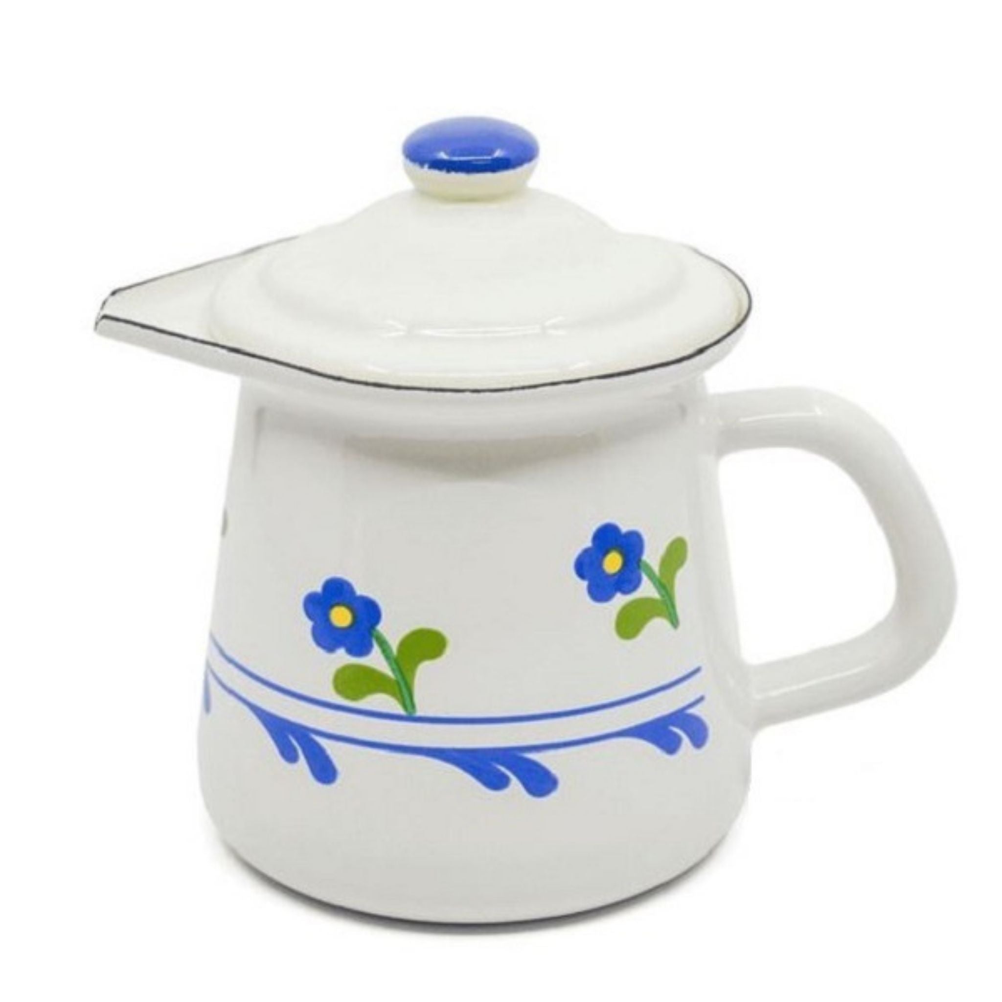 Emaille Milchkännchen Weiß Blau 0,4L mit Deckel