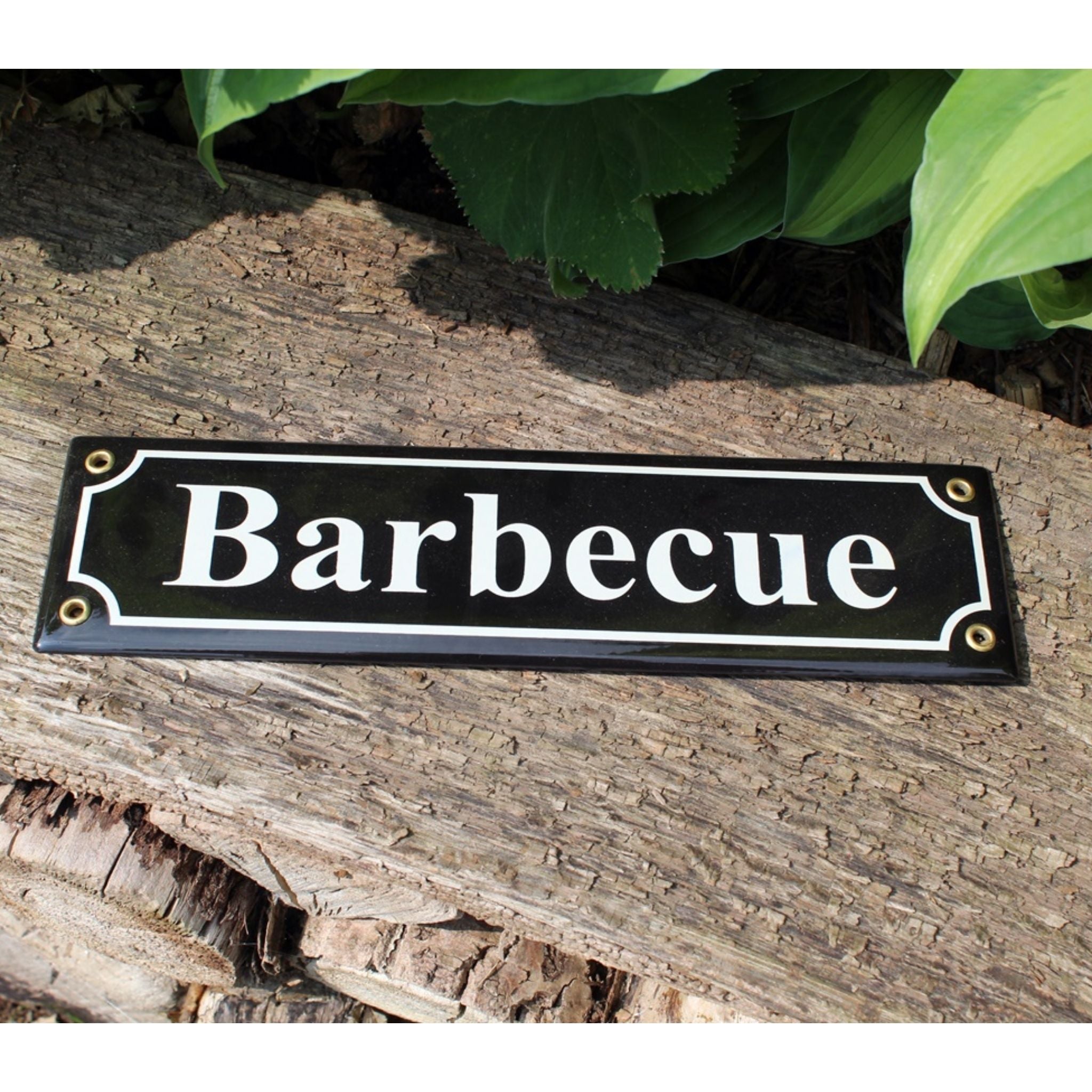 Emaille Schild Barbecue Schwarz Weiß im Nostalgie-Stil 30x8cm