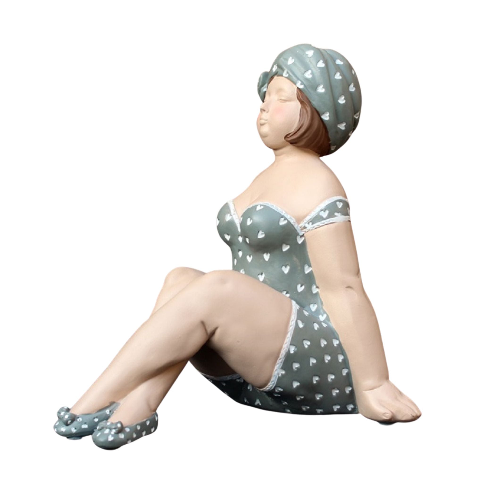 Badefrau Dekofigur sitzend mollig – Retro-Stil Grau 20 cm Herzen