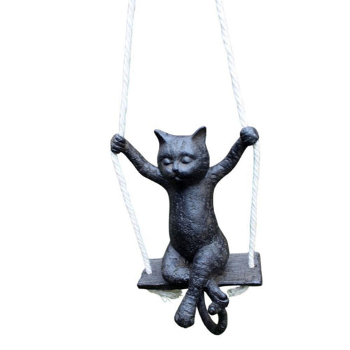 Dekofigur Katze auf Schaukel Rustikal-Stil 80cm