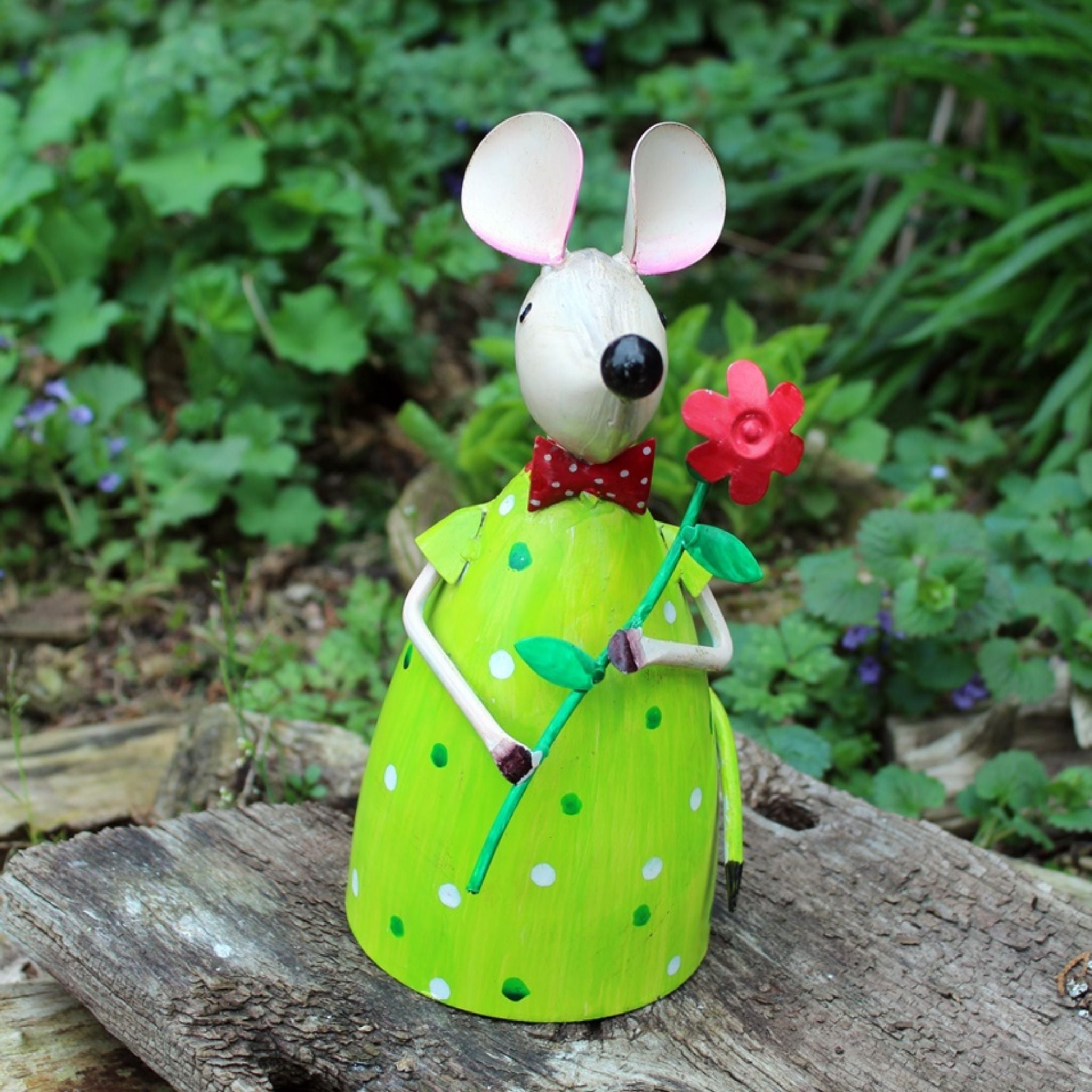 Gartenfigur Zaunhocker Maus Blume