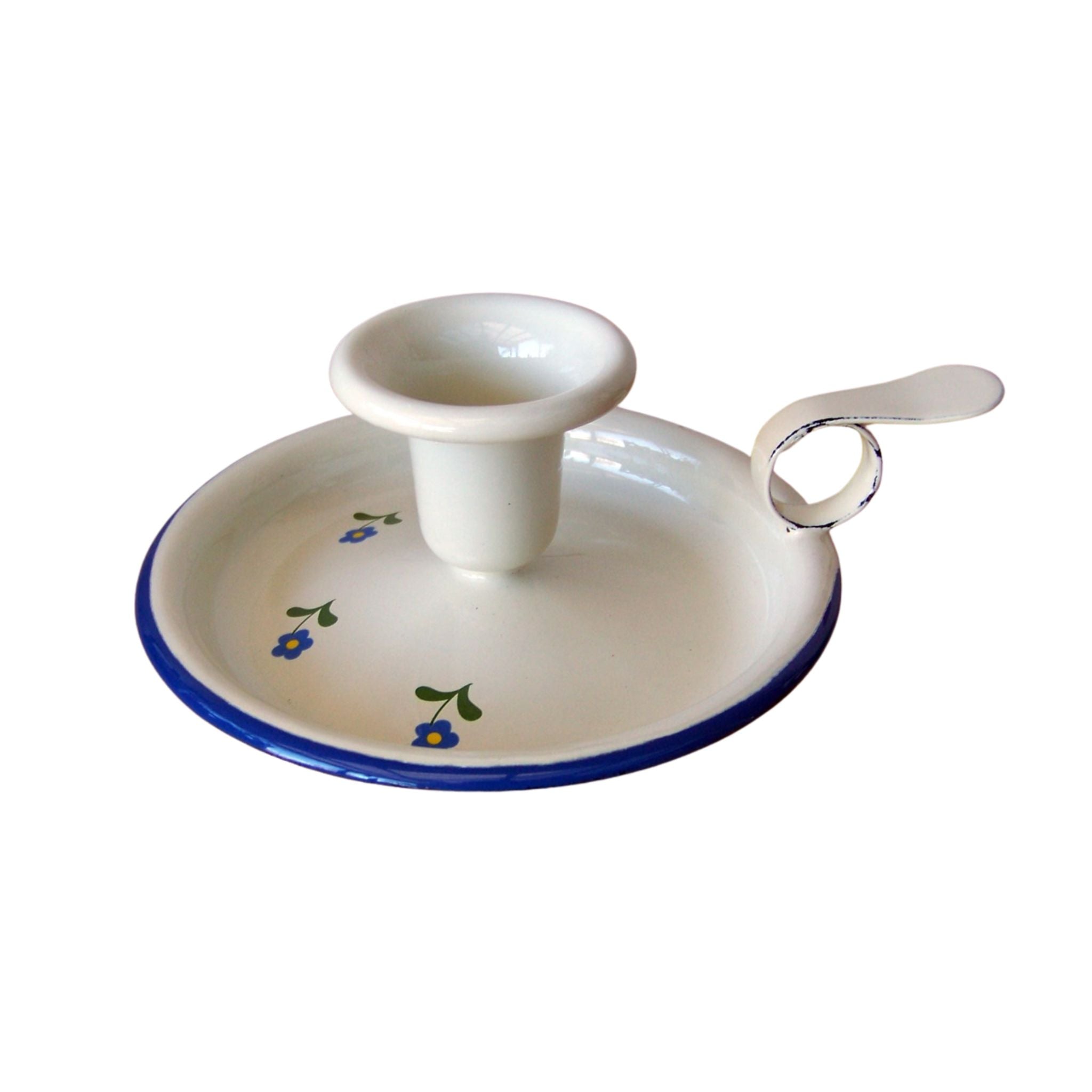 Emaille Kerzenhalter Weiß Blau mit Blumen 13 cm