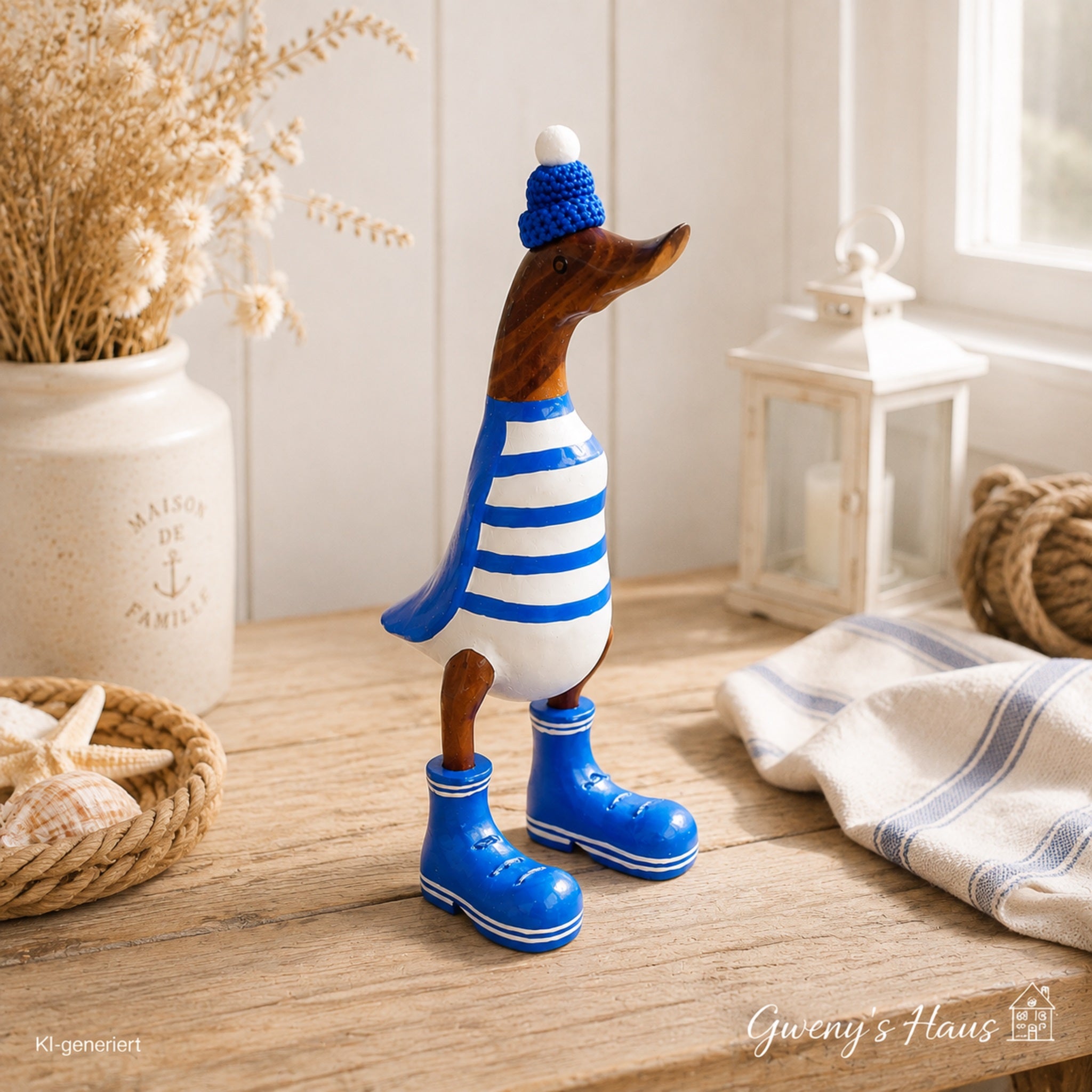 Dekofigur Bade-Ente mit blauer Mütze Bambus 28,5 cm