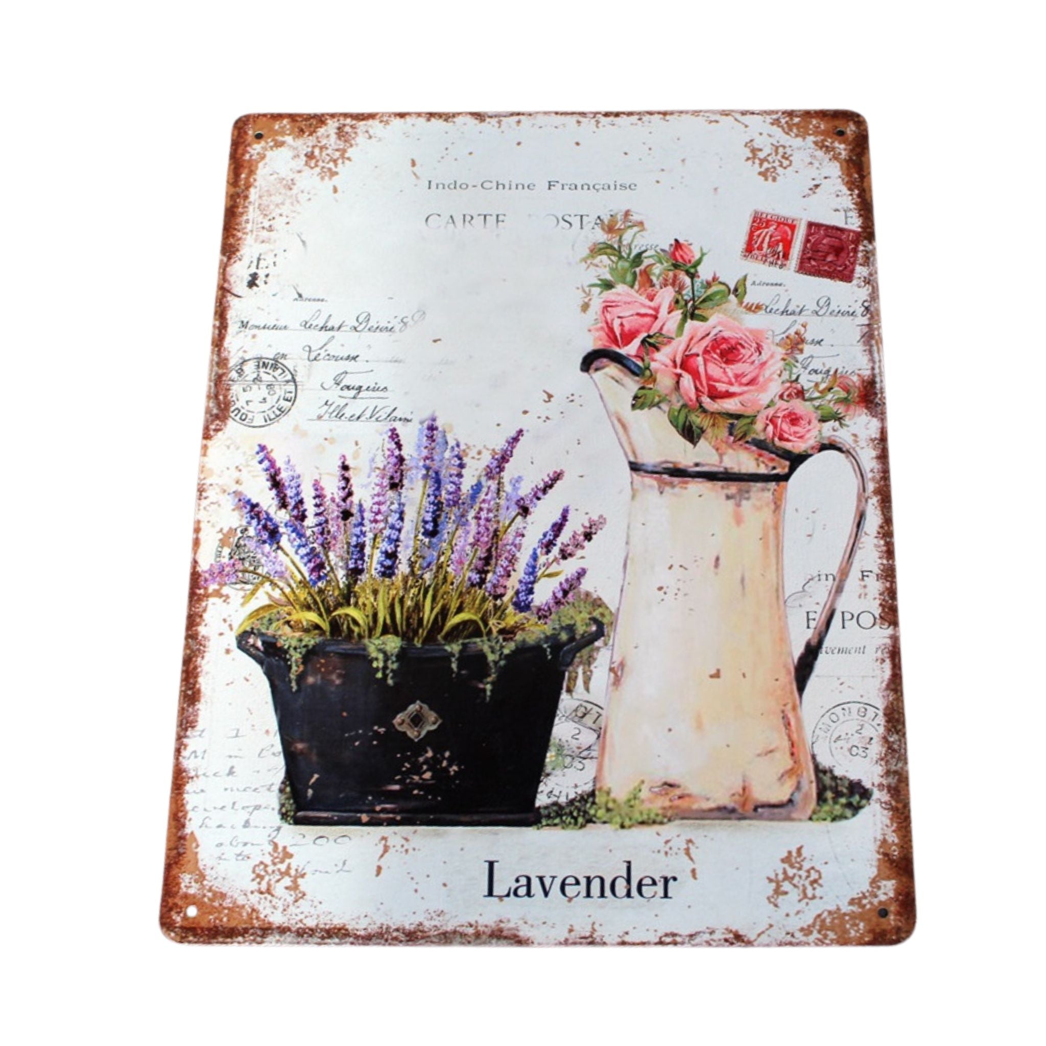 Shabby Blechschild Kanne Rosen Lavendel 33x25cm