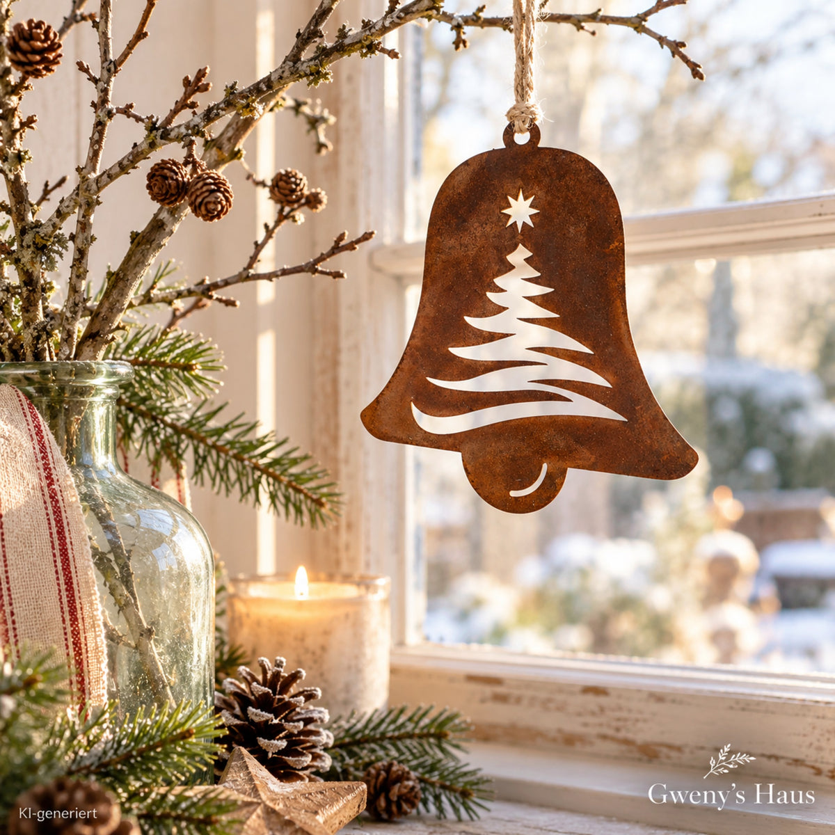 Christbaumschmuck Glocke aus Edelrost mit Tannenbaum 12,5 cm