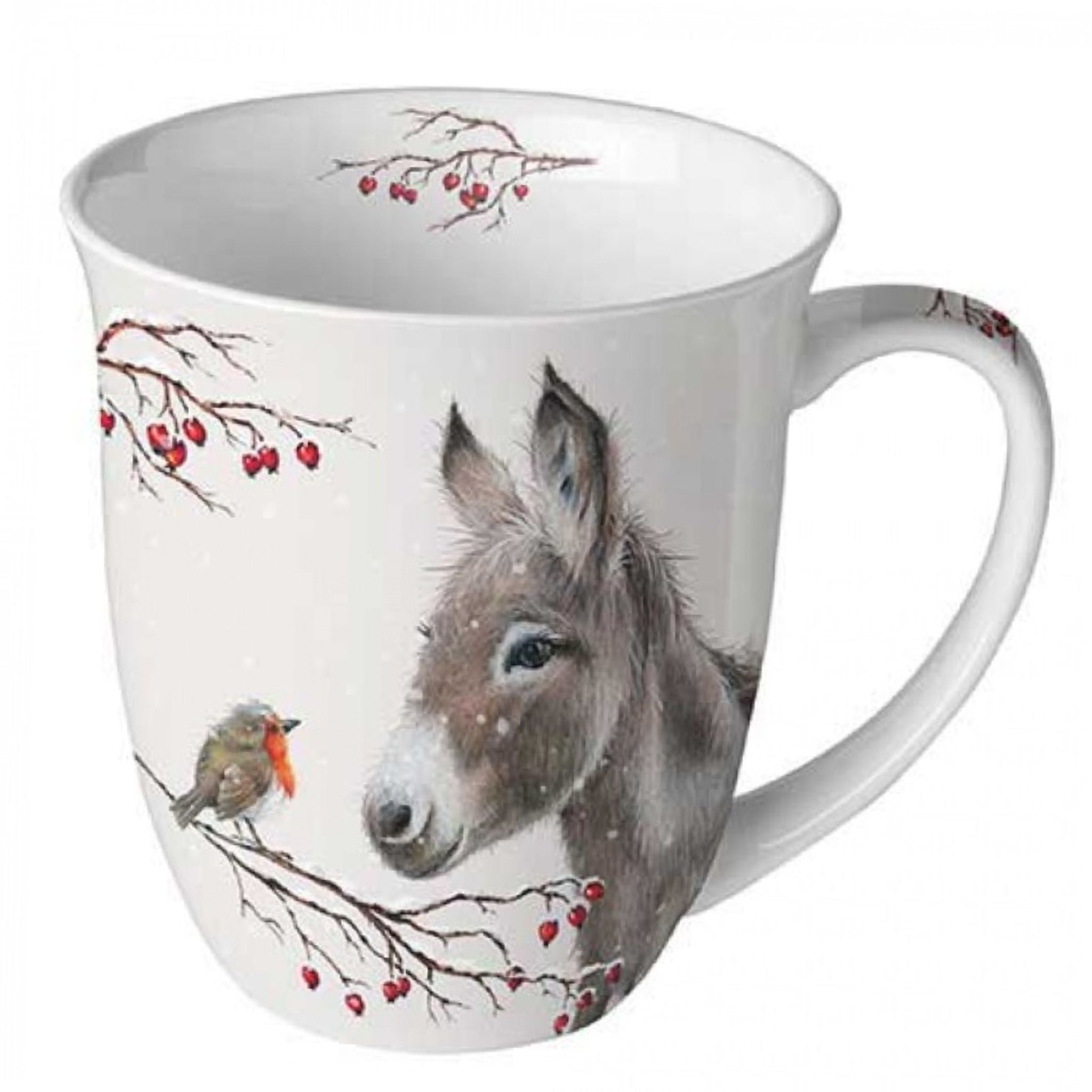 Tasse Esel und Rotkehlchen Teetasse Kaffeetasse Porzellan Tischdeko Hagebutten