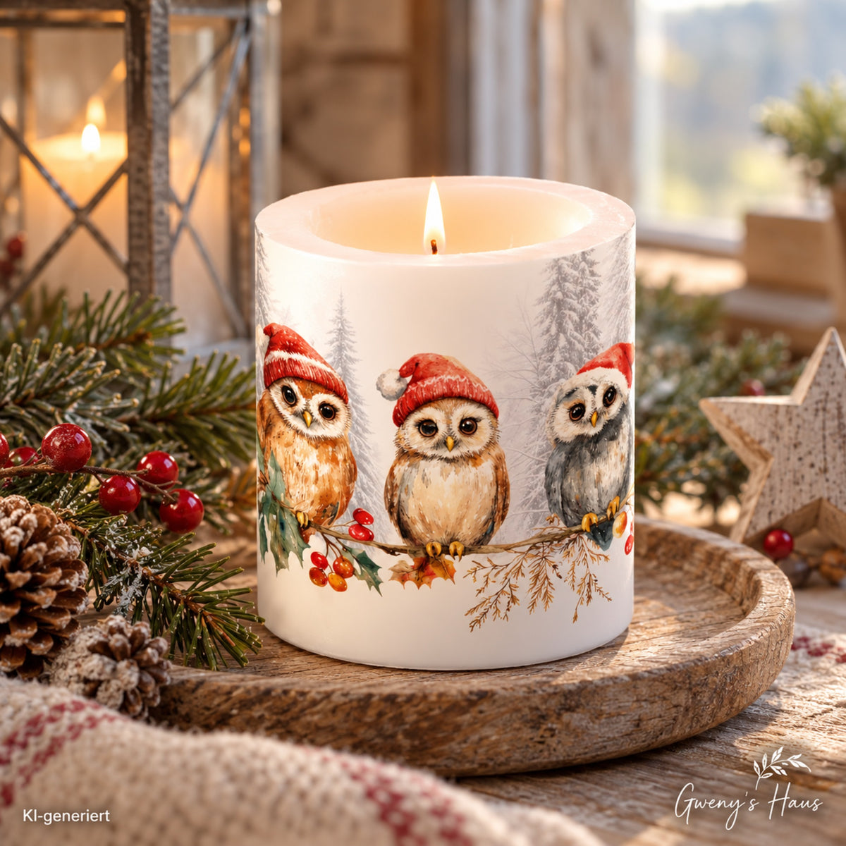 Kerze groß Eulen mit Weihnachtsmützen 10 cm