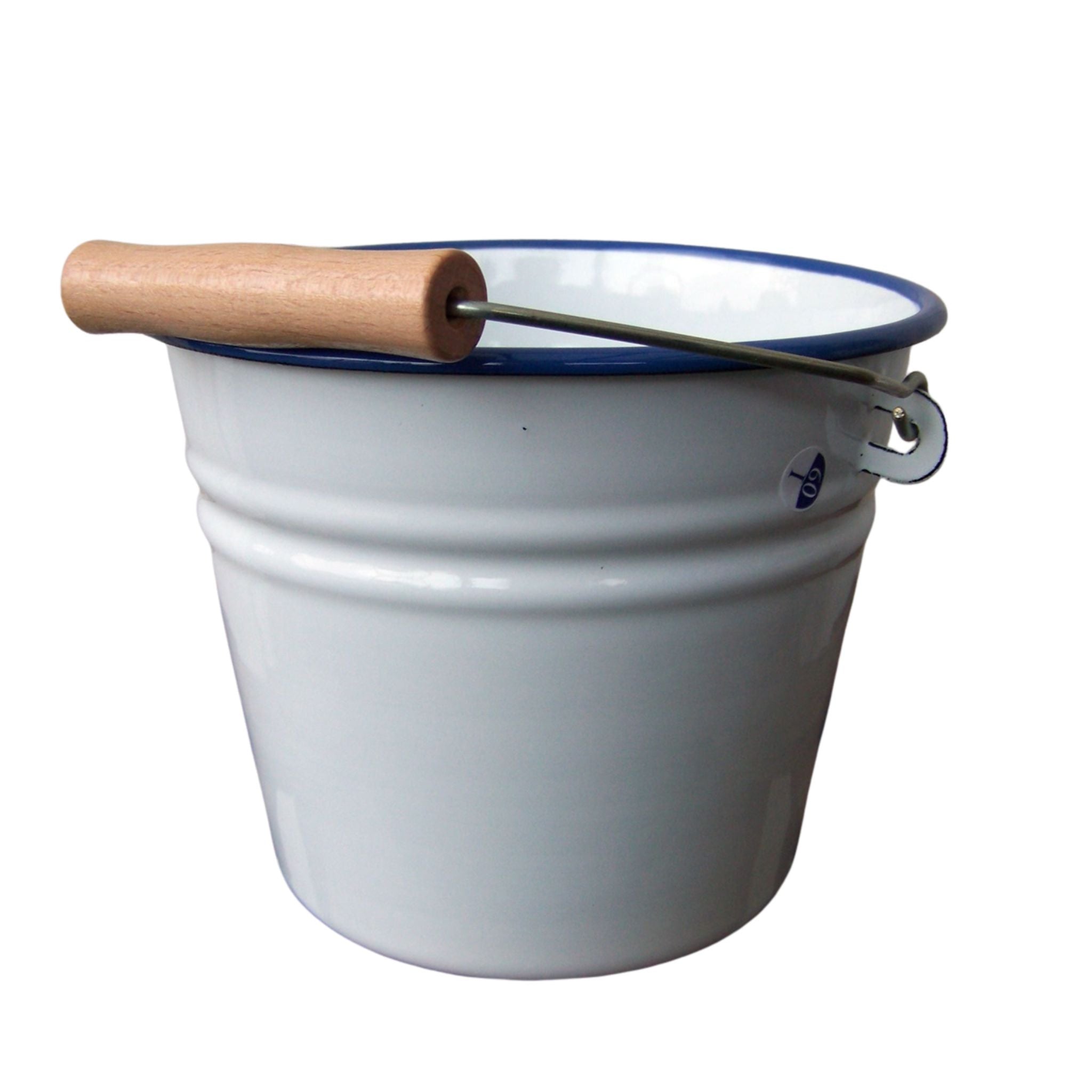 Emaille Eimer Weiß Blau mit Holzgriff 2 Liter