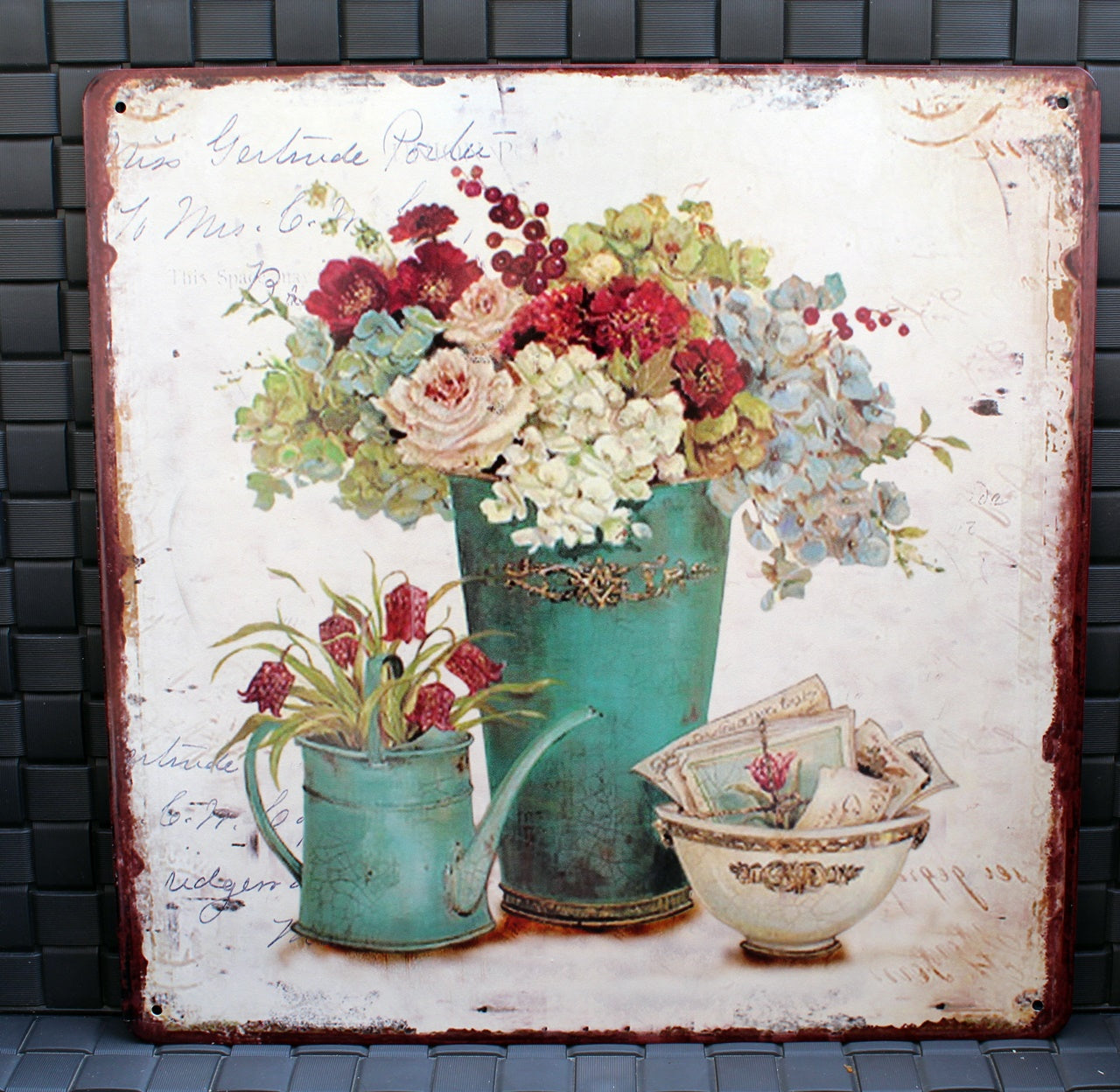 Shabby Blechschild Blumentöpfe Schale Kanne Wanddeko