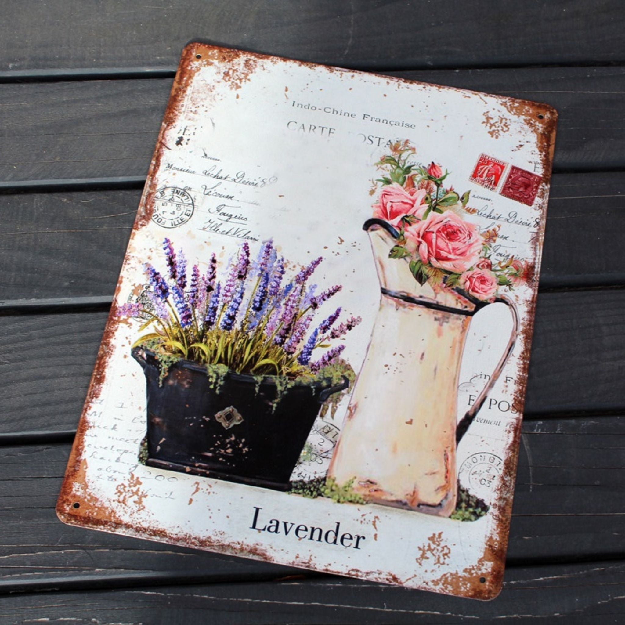 Shabby Blechschild Kanne Rosen Lavendel 33x25cm