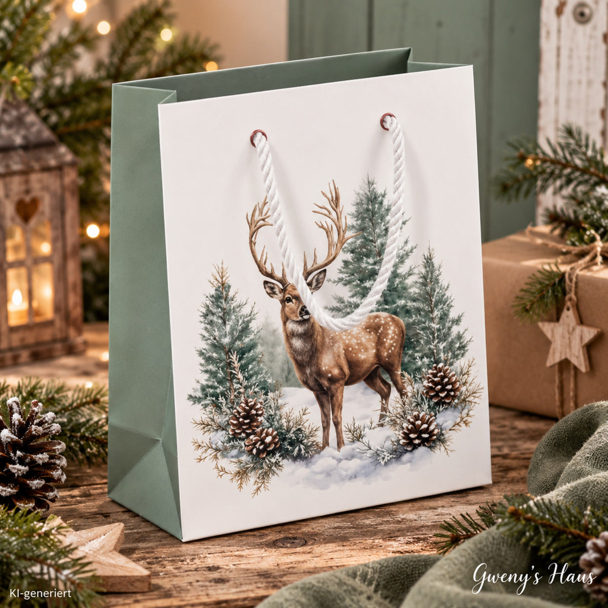 Geschenktasche Weihnachten Hirsch im Winterwald 22 cm