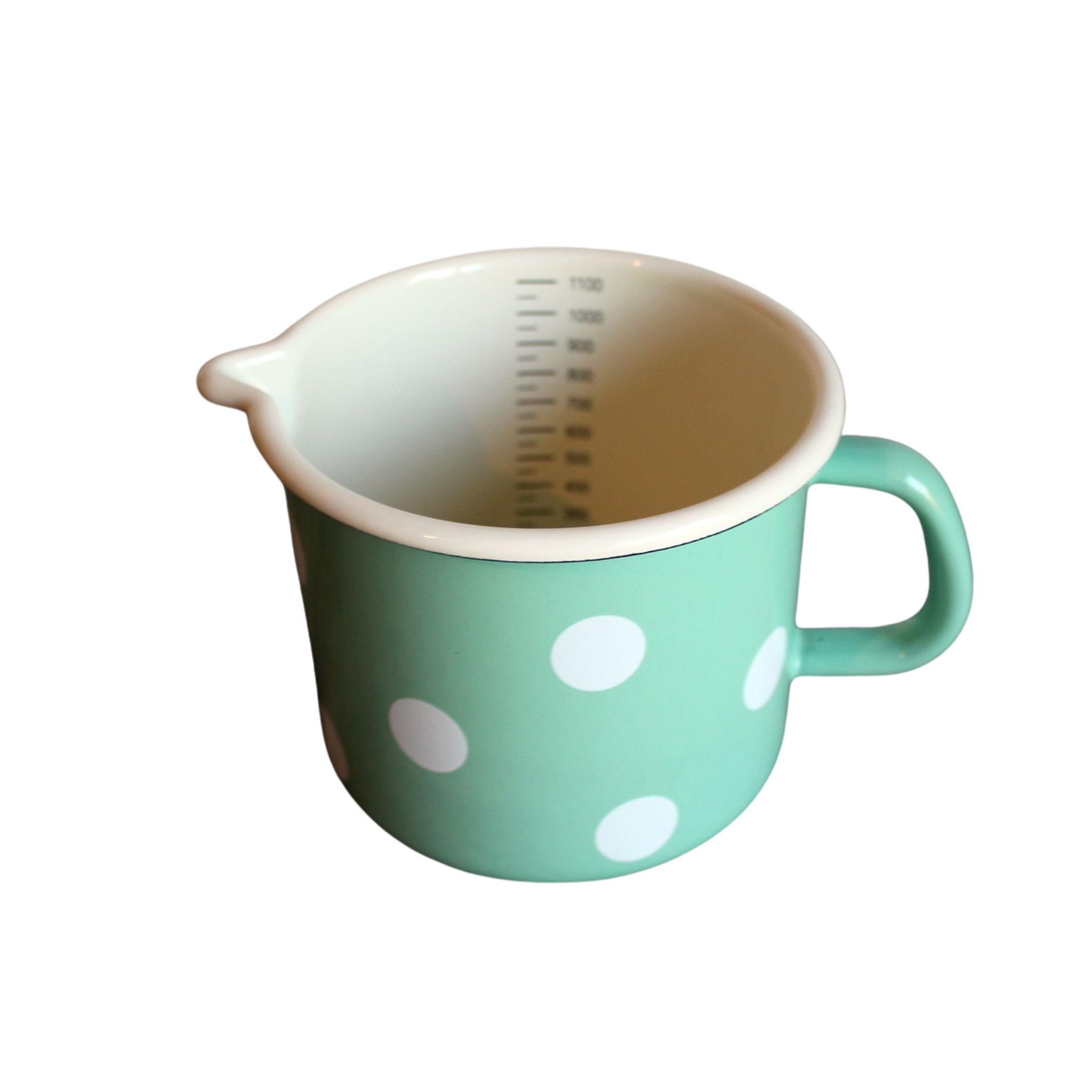 Emaille Milchtopf Mint Weiß gepunktet 1L mit Skala